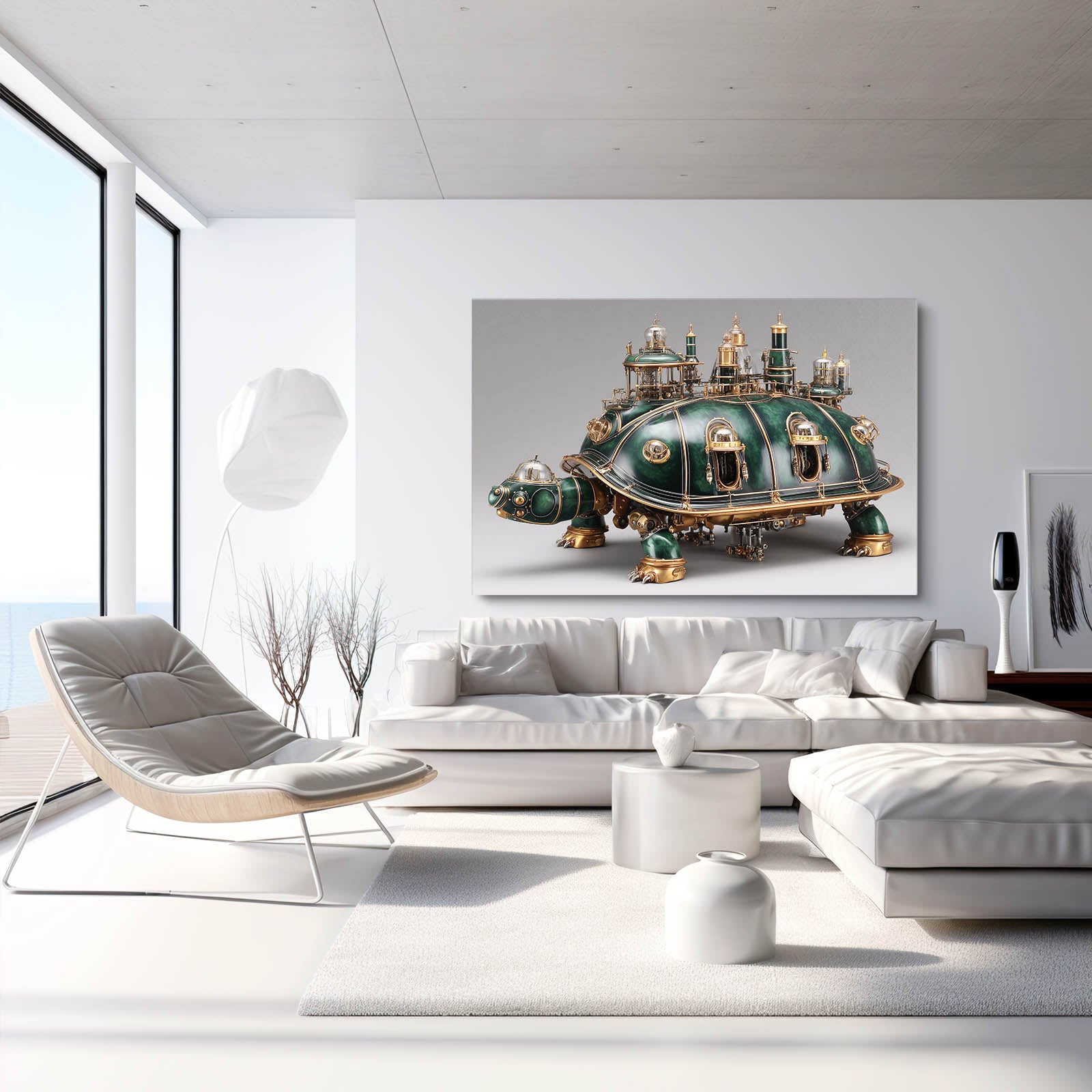 Green Brass Turtle Steampunk Wall Art – styled in a furnished interior
