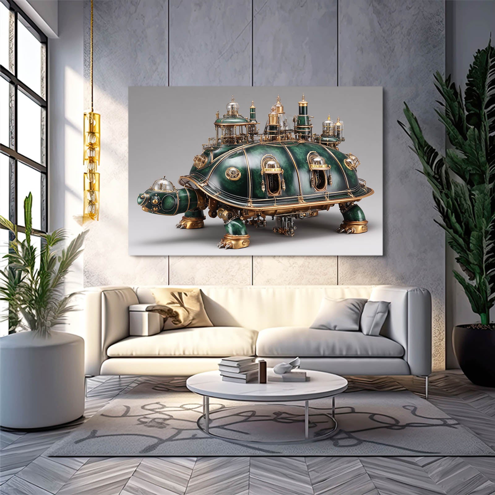 Green Brass Turtle Steampunk Wall Art – styled in a furnished interior