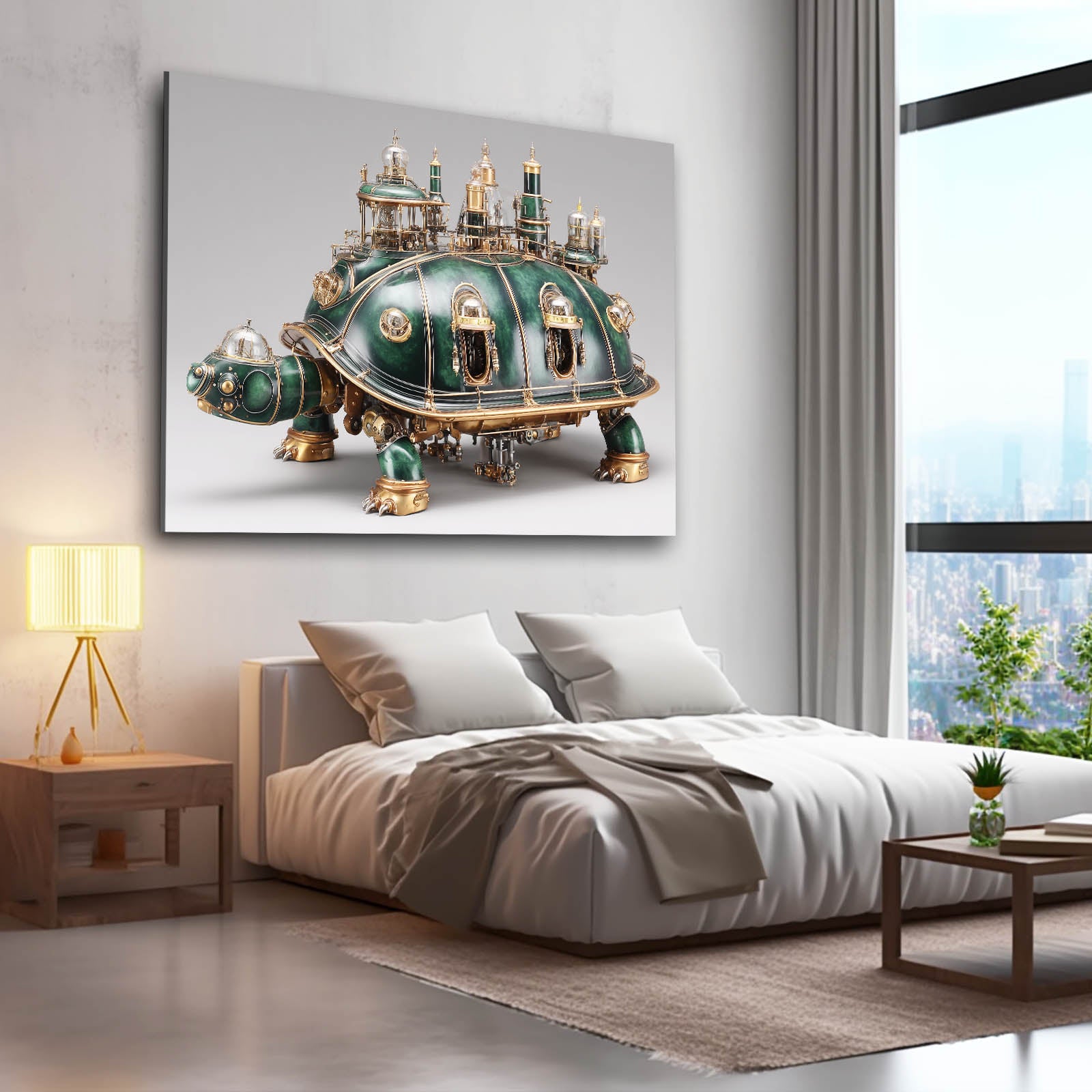 Green Brass Turtle Steampunk Wall Art – styled in a furnished interior