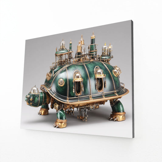 Green Brass Turtle Steampunk Wall Art – angled canvas view on white background