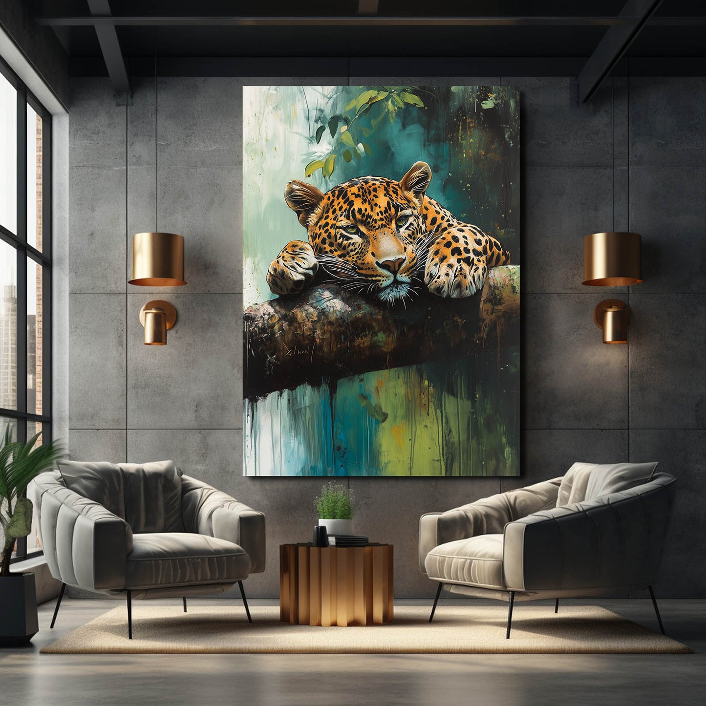 Green Canopy Rest Leopard Wall Art – styled in a furnished interior