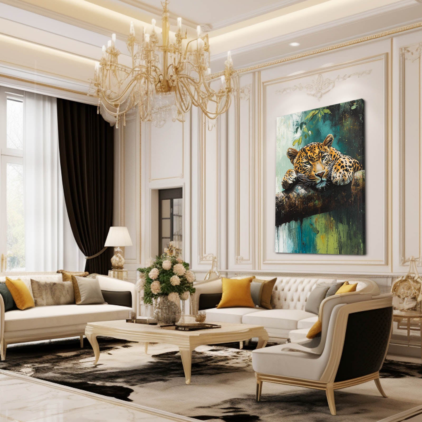 Green Canopy Rest Leopard Wall Art – styled in a furnished interior