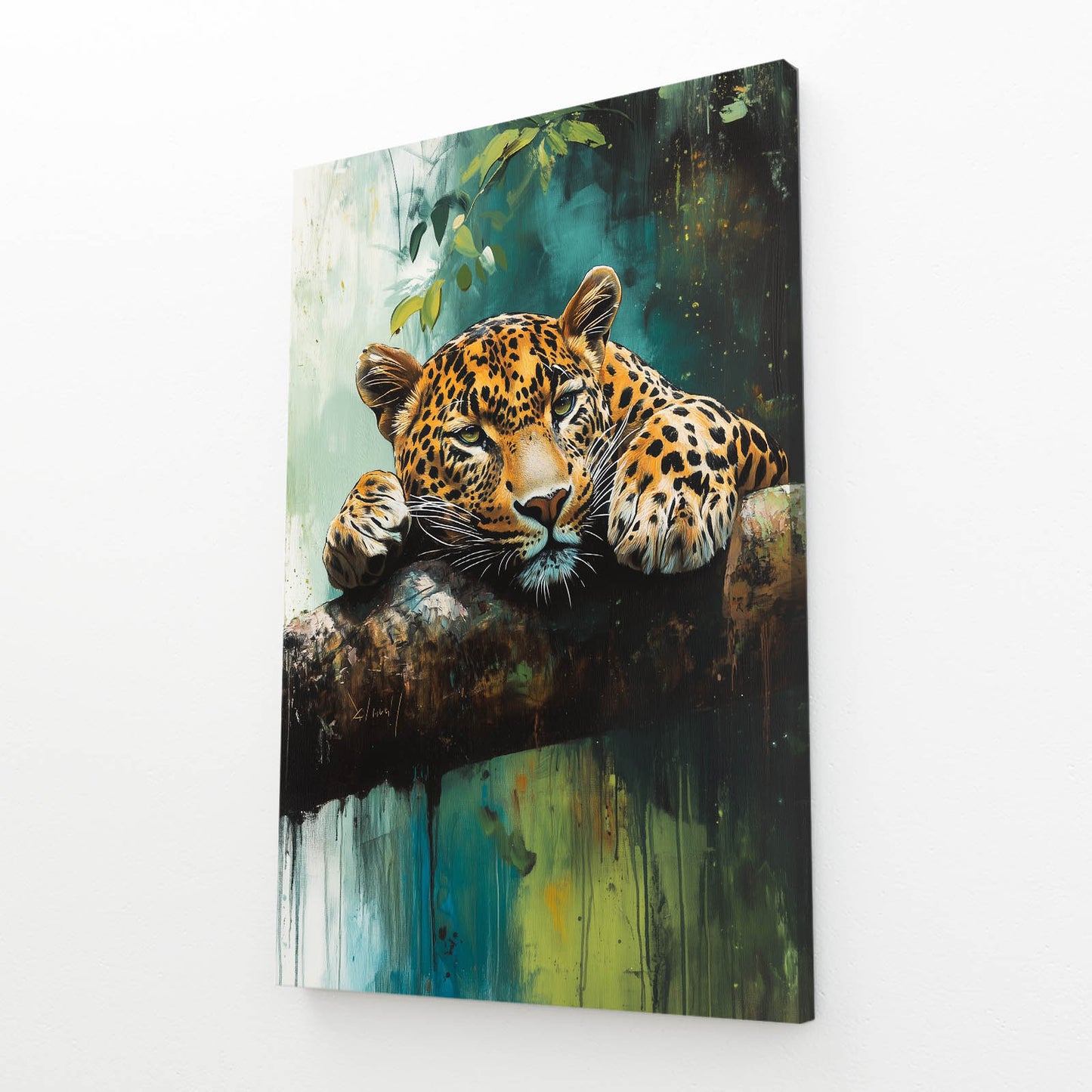 Green Canopy Rest Leopard Wall Art – angled canvas view on white background