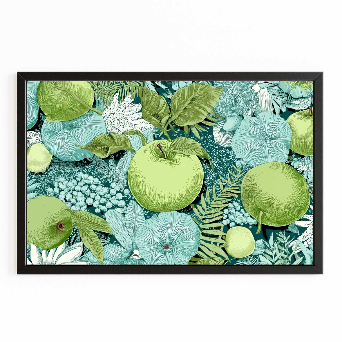 Green Foliage Pattern Apple Wall Decor – with Premium Black frame on white background