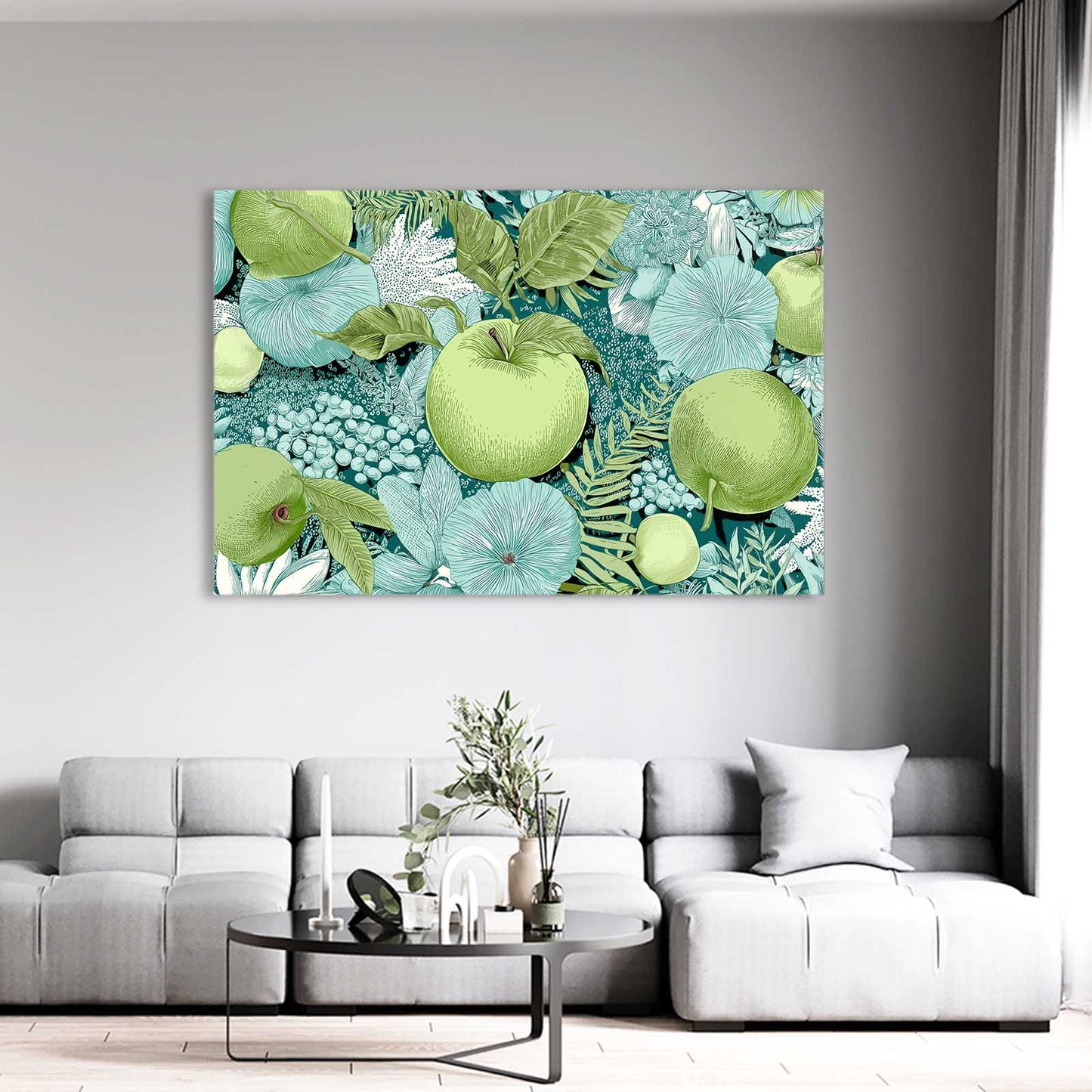 Green Foliage Pattern Apple Wall Decor – styled in a furnished interior