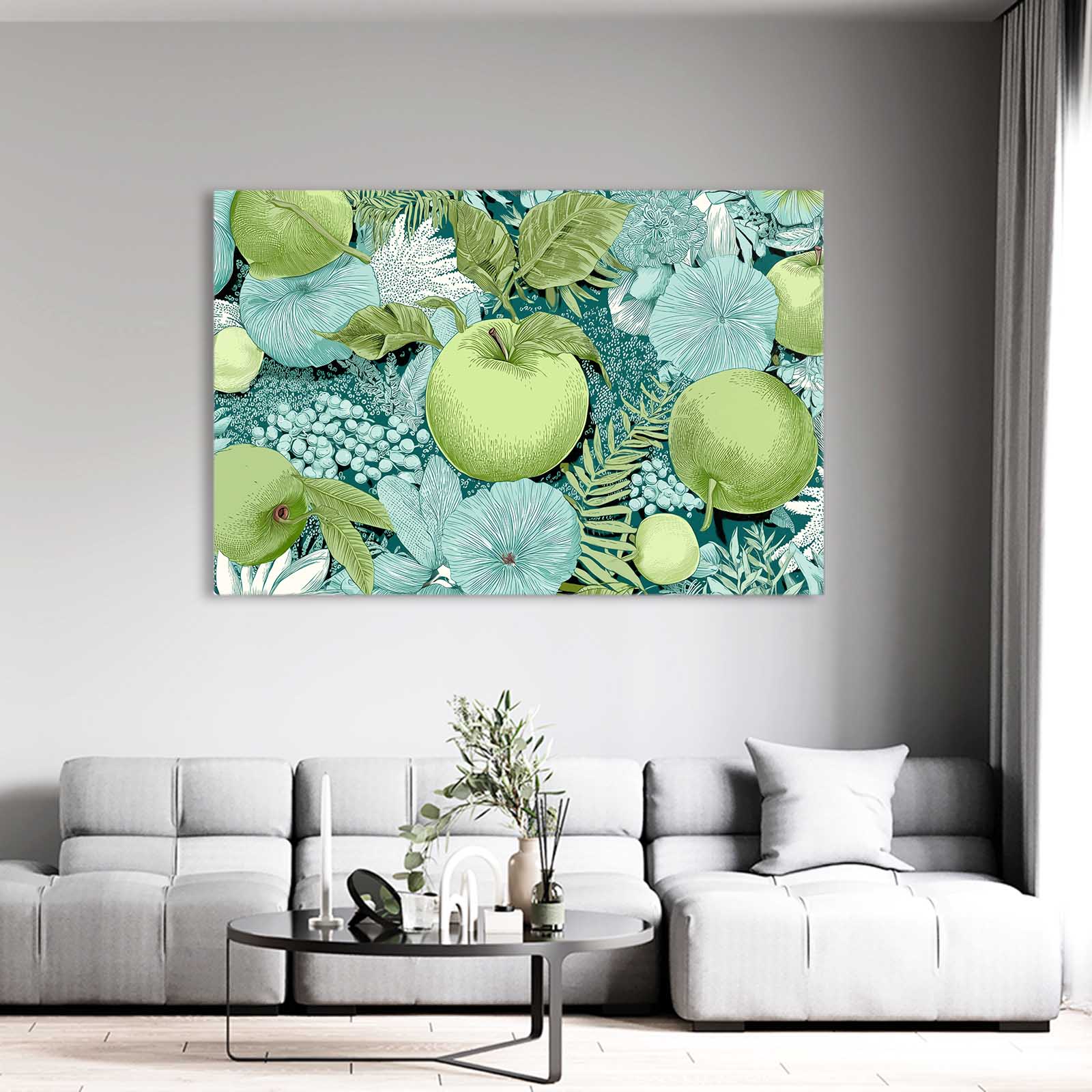 Green Foliage Pattern Apple Wall Decor – styled in a furnished interior