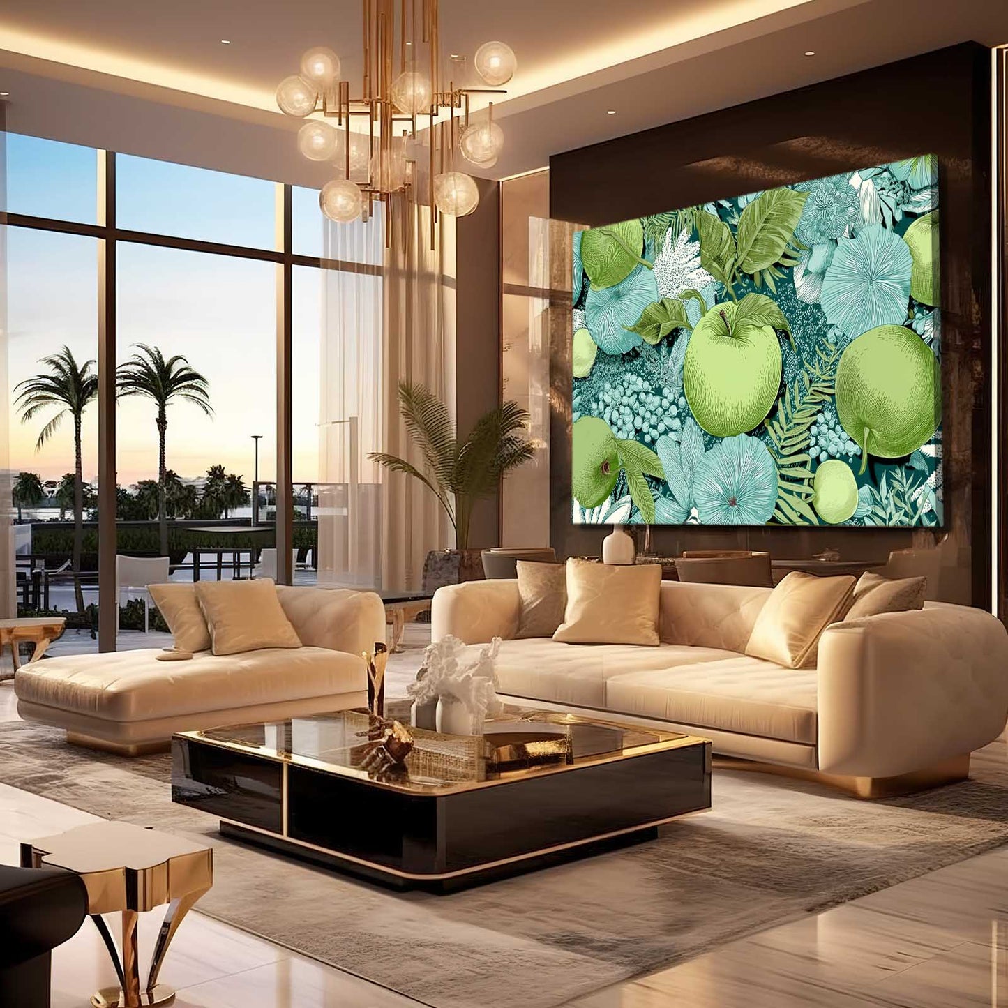 Green Foliage Pattern Apple Wall Decor – styled in a furnished interior