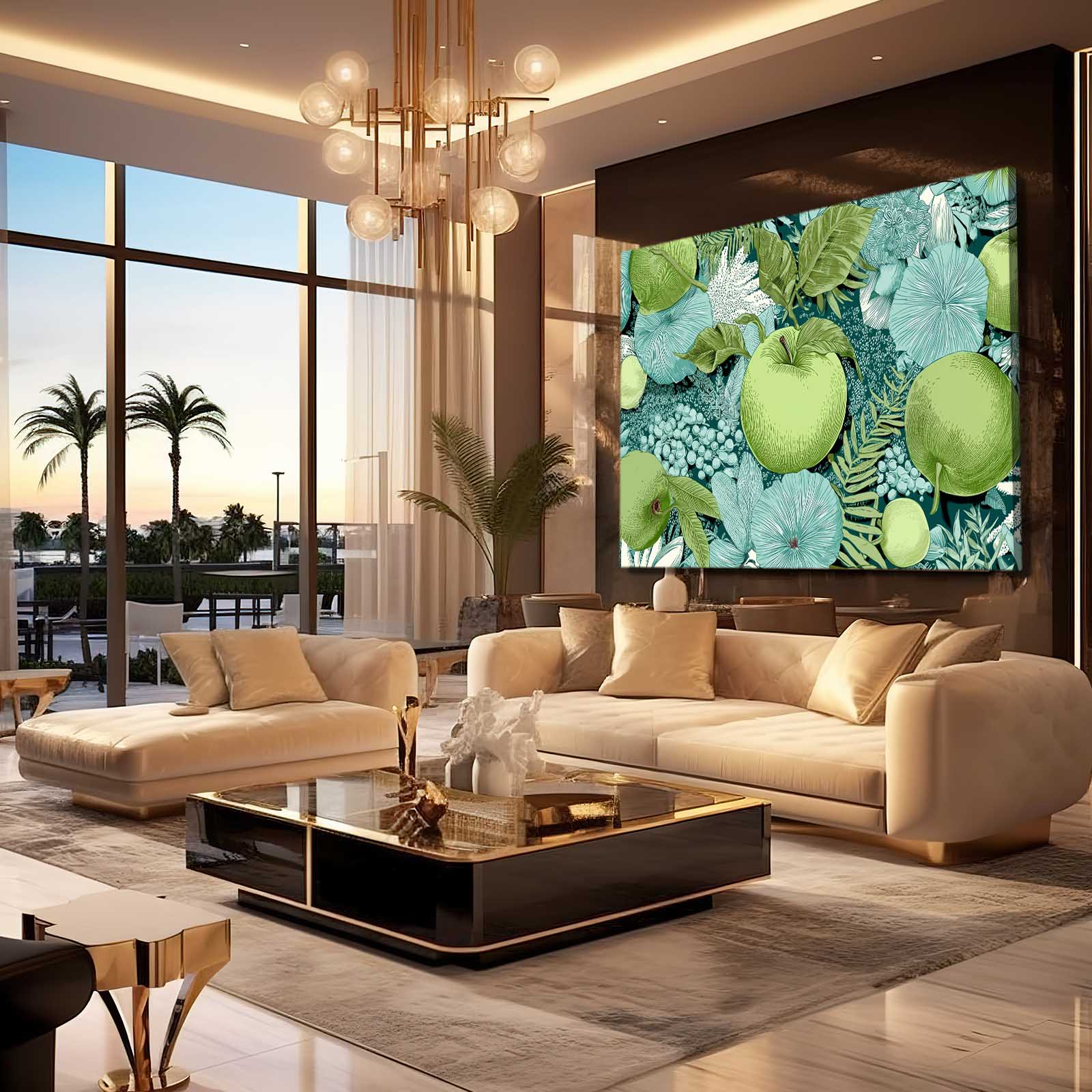 Green Foliage Pattern Apple Wall Decor – styled in a furnished interior