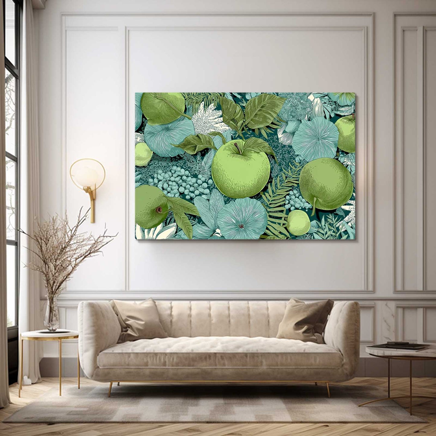 Green Foliage Pattern Apple Wall Decor – styled in a furnished interior