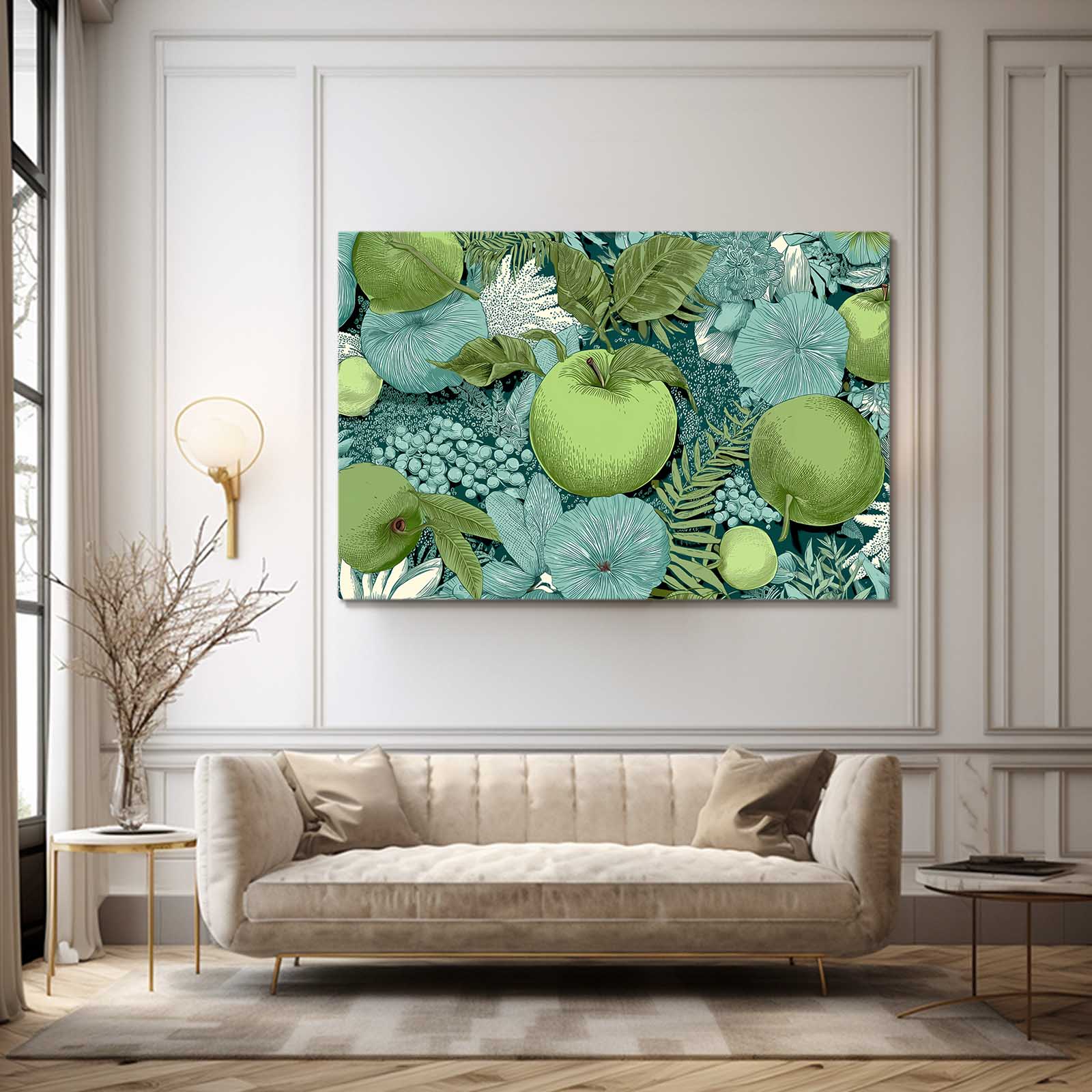 Green Foliage Pattern Apple Wall Decor – styled in a furnished interior