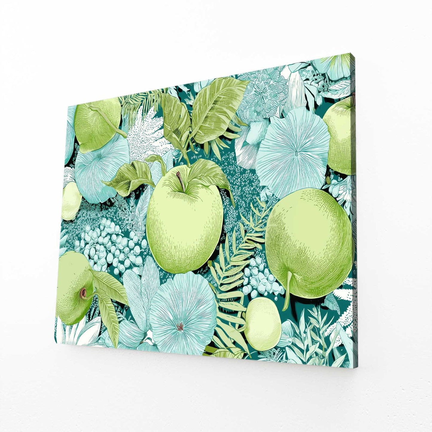 Green Foliage Pattern Apple Wall Decor – angled canvas view on white background