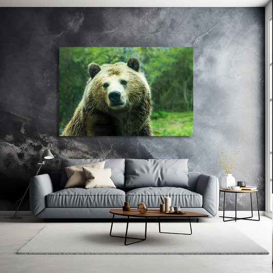 Green Meadow Stare Bear Wall Art — photography canvas print, styled in a furnished interior