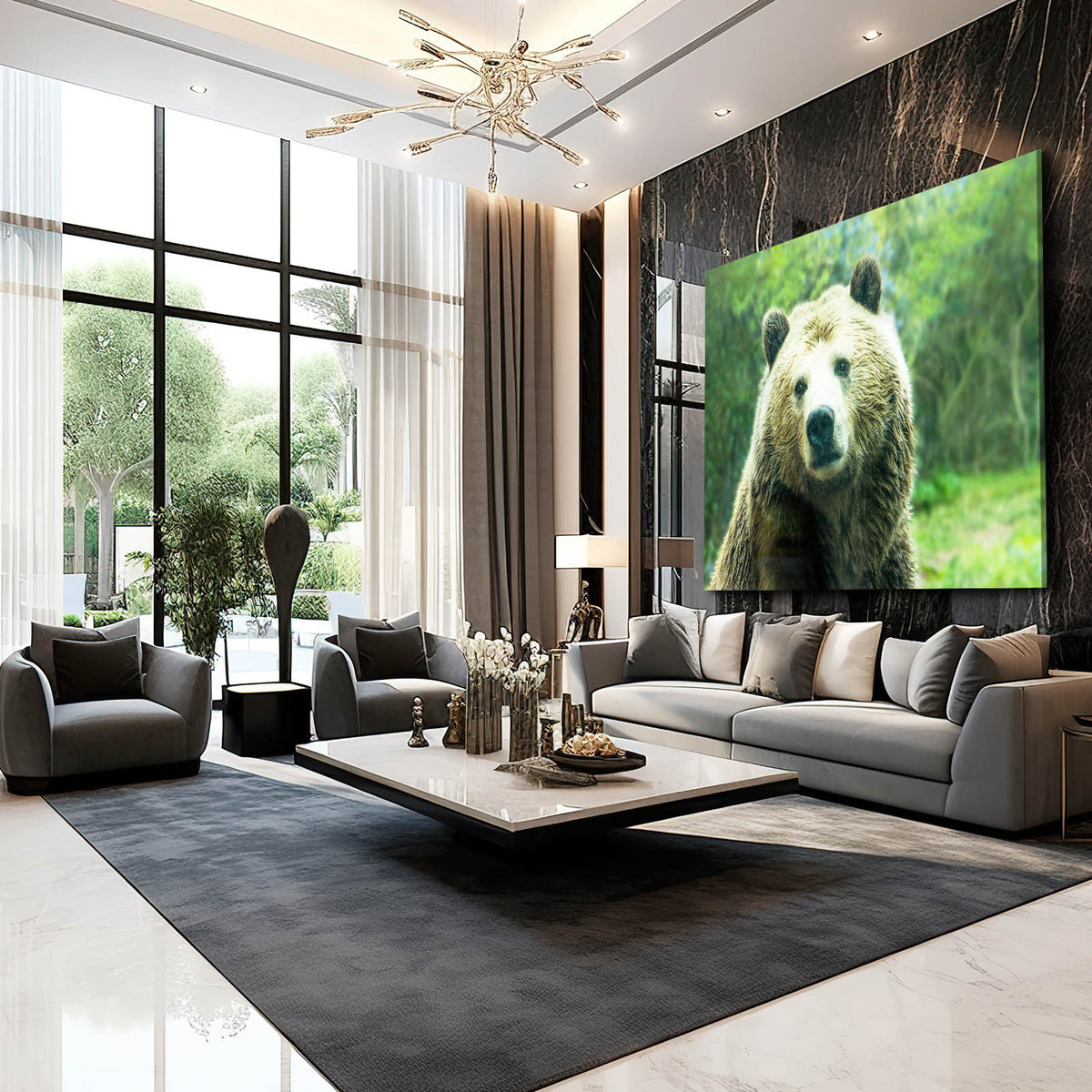 Green Meadow Stare Bear Wall Art — photography canvas print, styled in a furnished interior