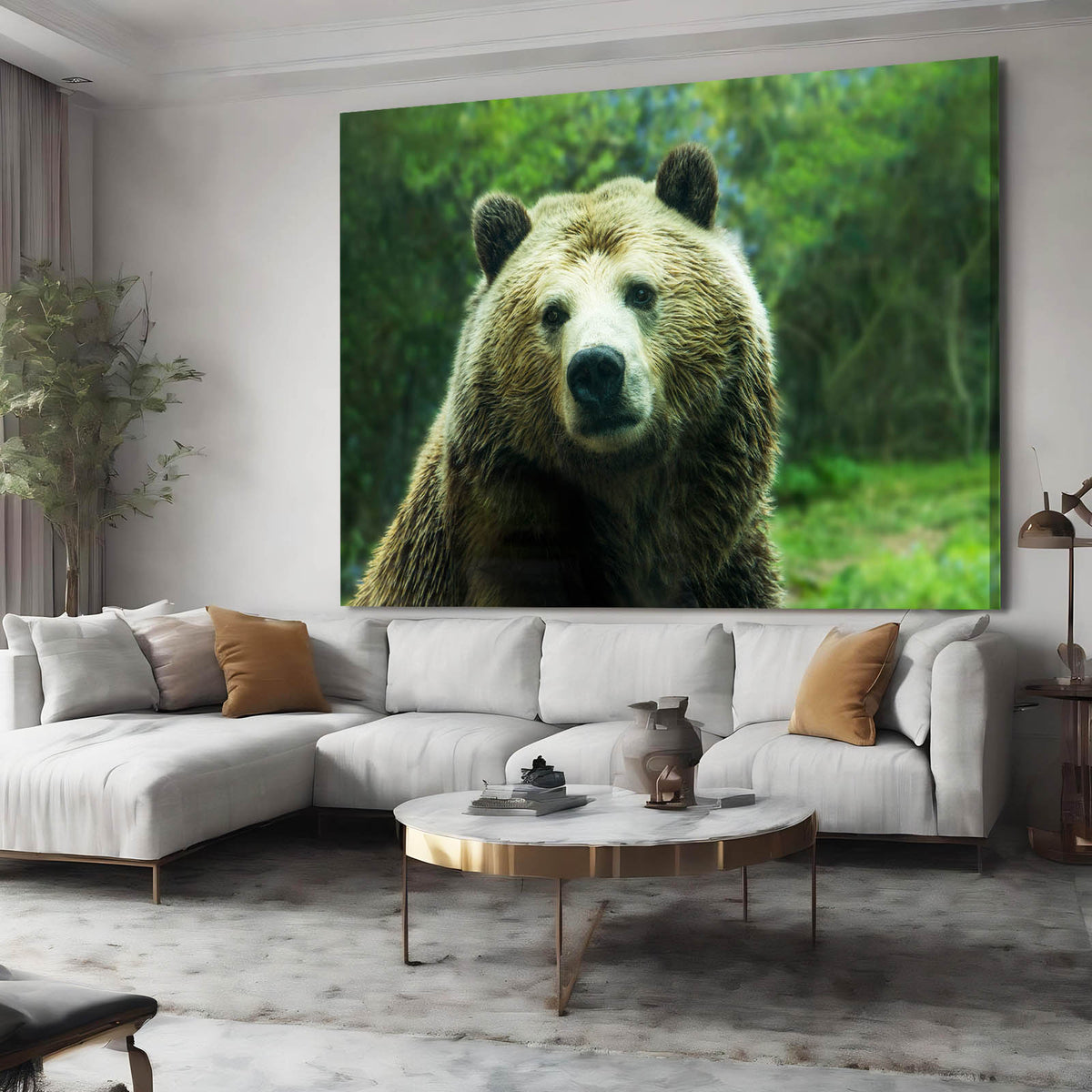 Green Meadow Stare Bear Wall Art — photography canvas print, styled in a furnished interior