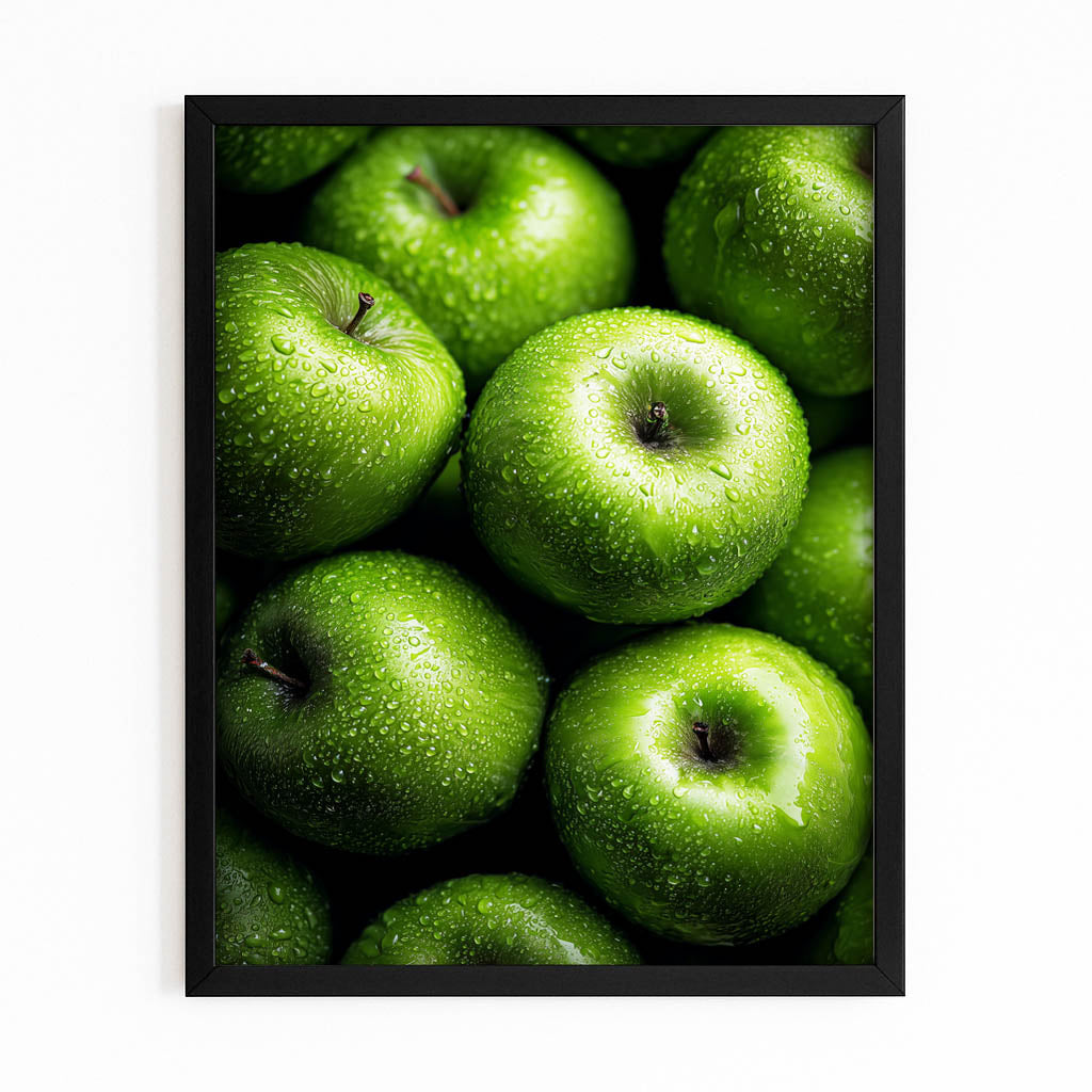 Green Orchard Cluster Apple Wall Art – with Premium Black frame on white background