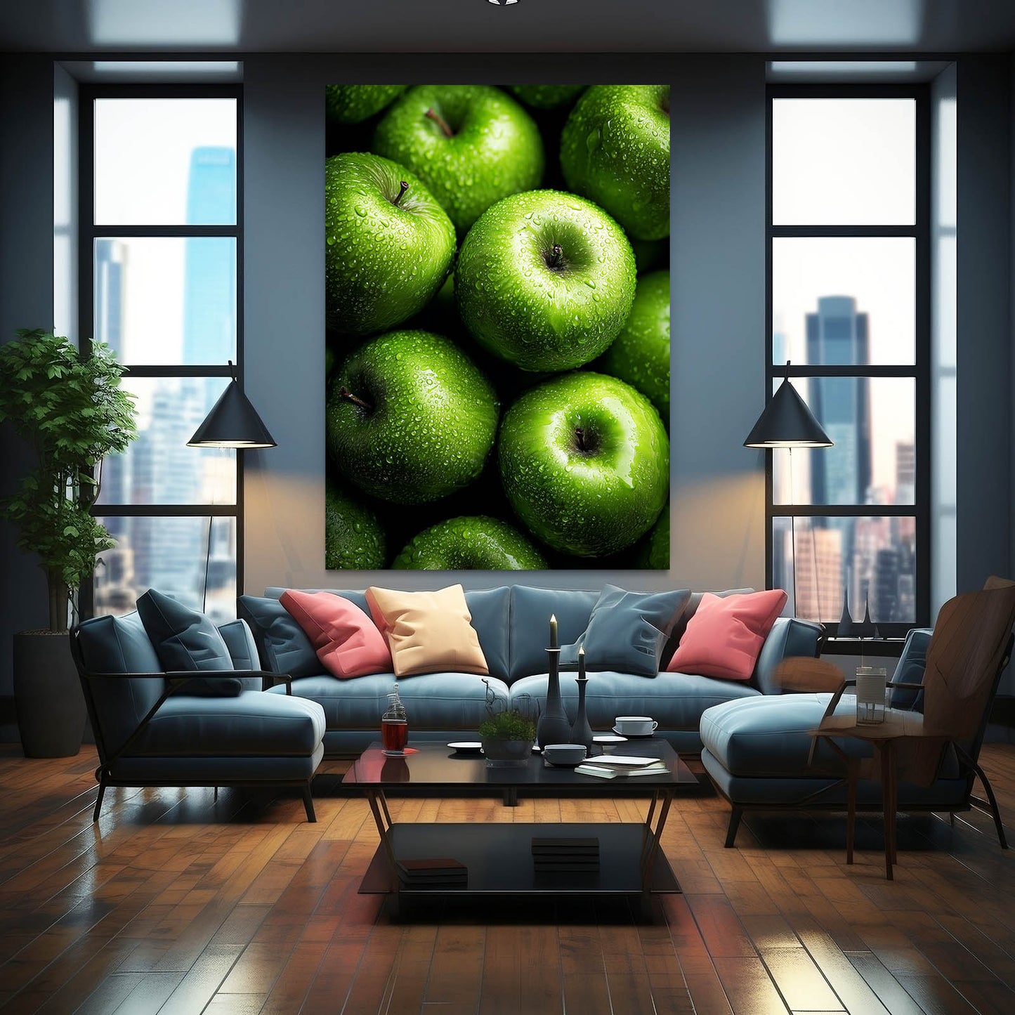 Green Orchard Cluster Apple Wall Art – styled in a furnished interior
