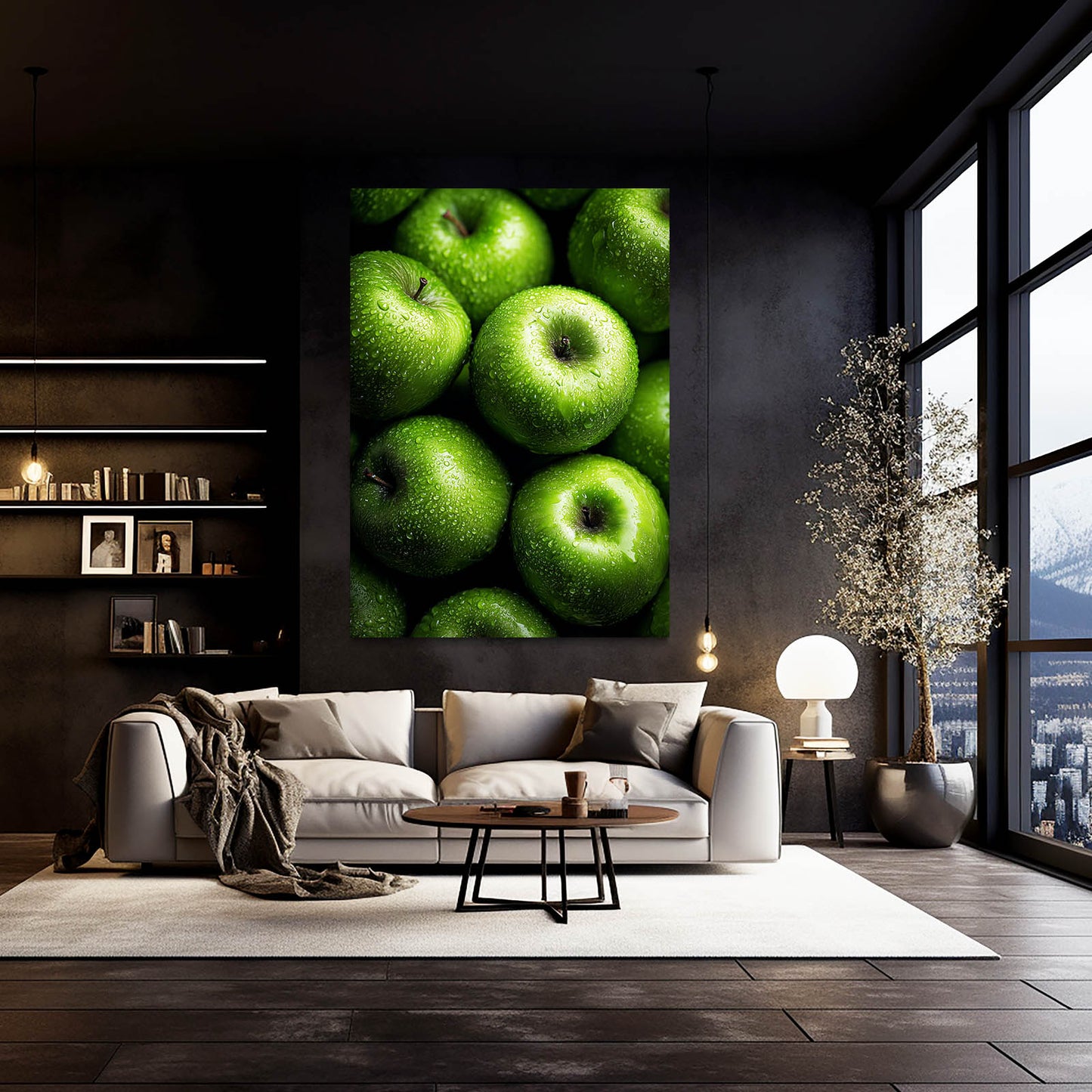 Green Orchard Cluster Apple Wall Art – styled in a furnished interior