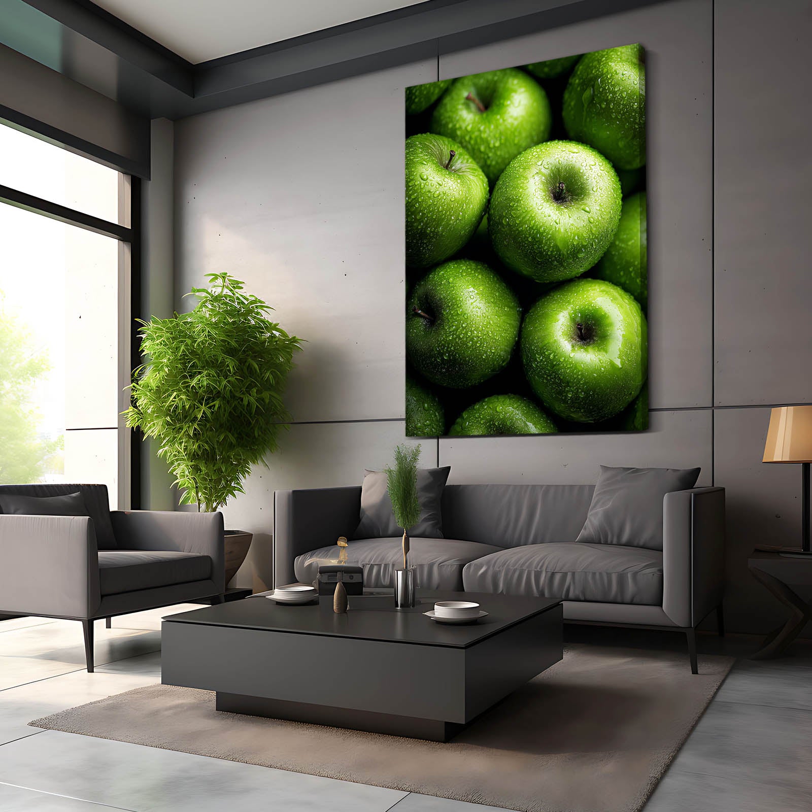 Green Orchard Cluster Apple Wall Art – styled in a furnished interior
