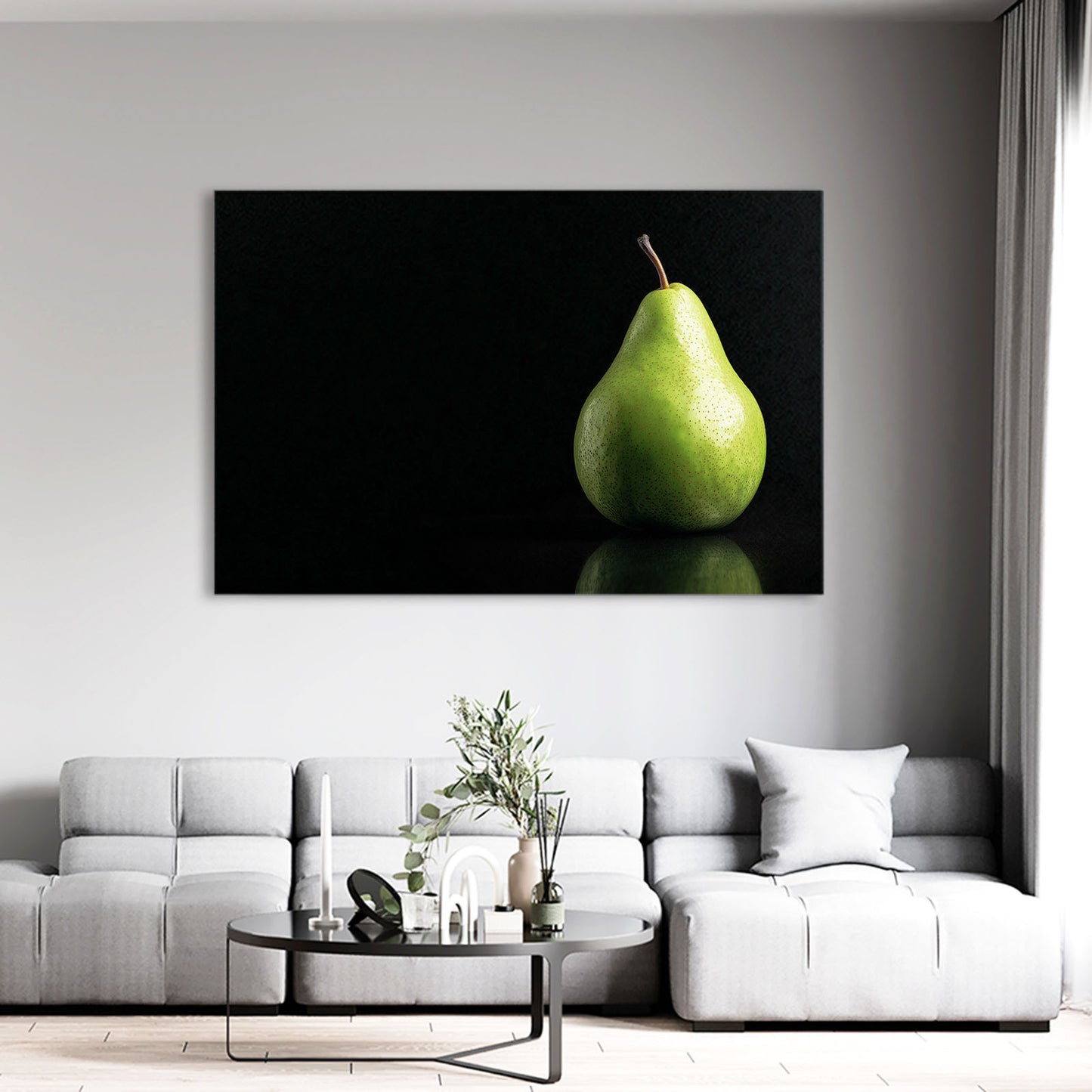 Green Pear Black Fruit Canvas Art – styled in a furnished interior