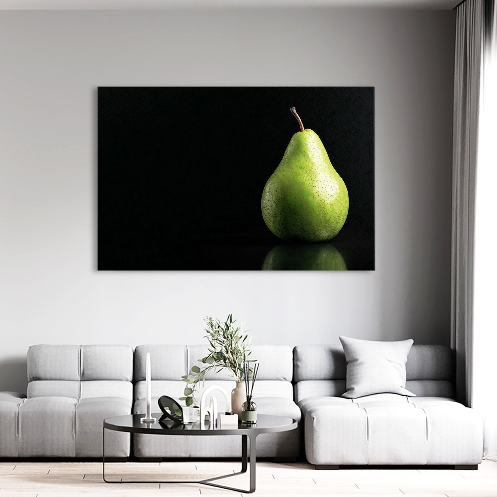 Green Pear Black Fruit Canvas Art – styled in a furnished interior