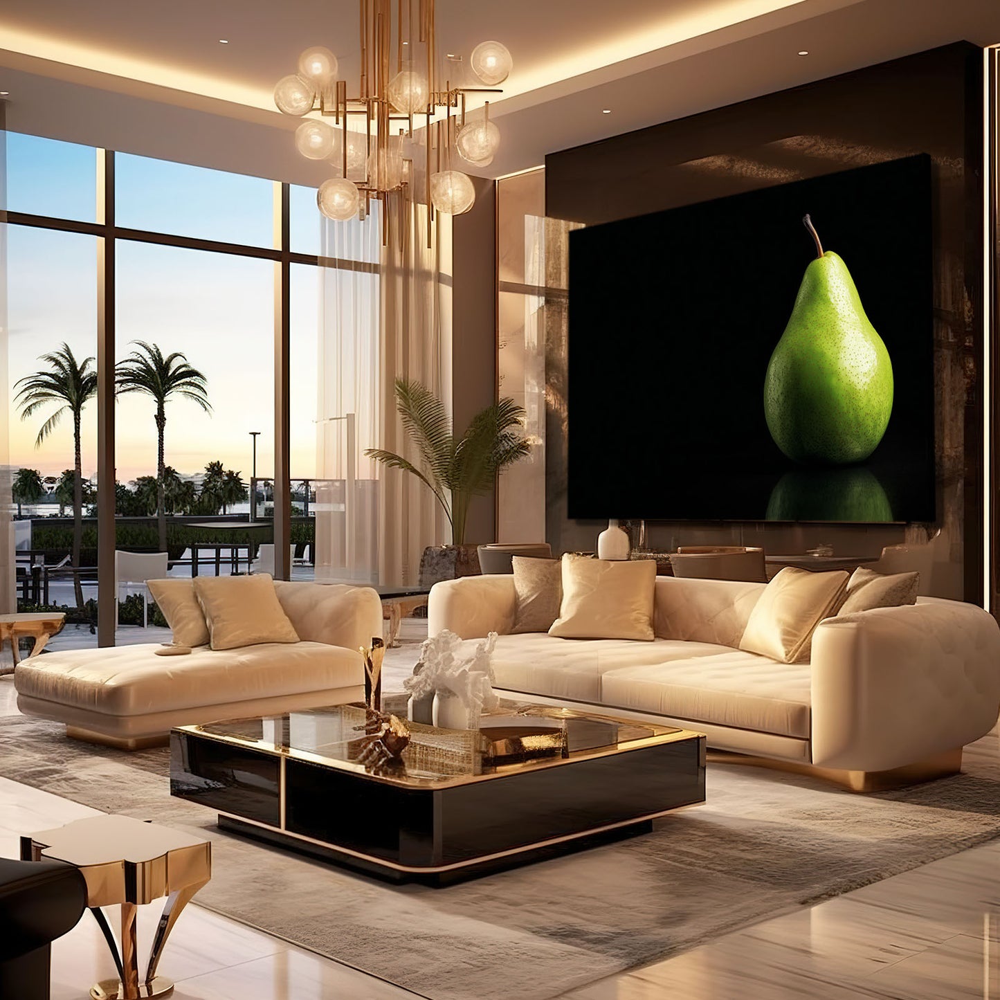 Green Pear Black Fruit Canvas Art – styled in a furnished interior