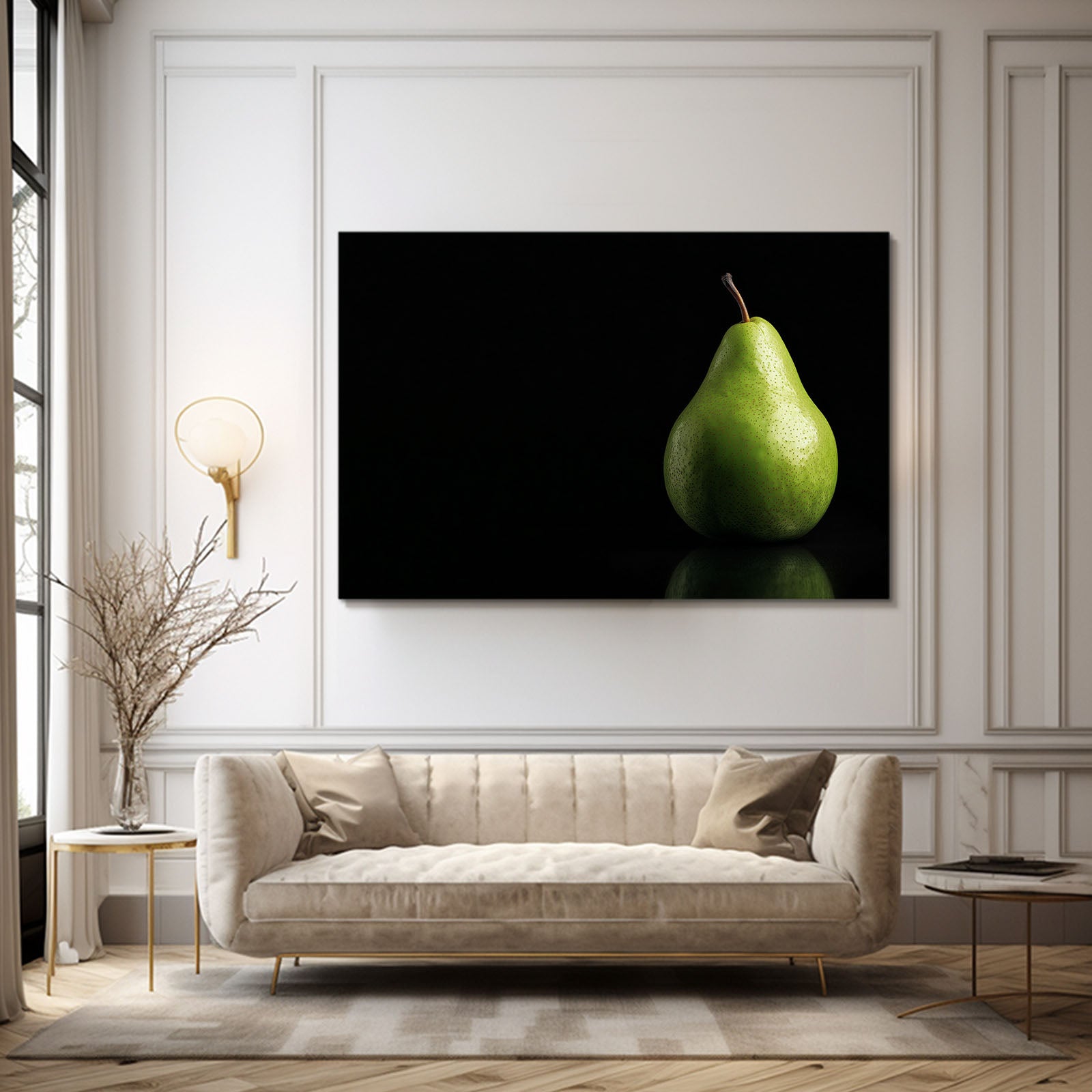 Green Pear Black Fruit Canvas Art – styled in a furnished interior