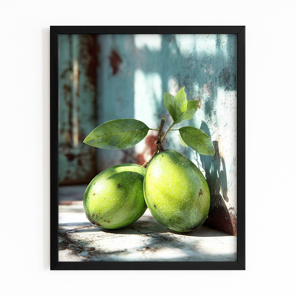 Green Pears Shadow Fruit Prints – with Premium Black frame on white background