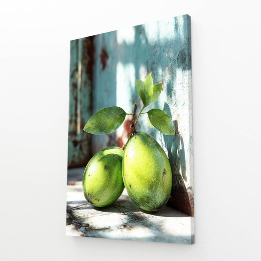 Green Pears Shadow Fruit Prints – angled canvas view on white background