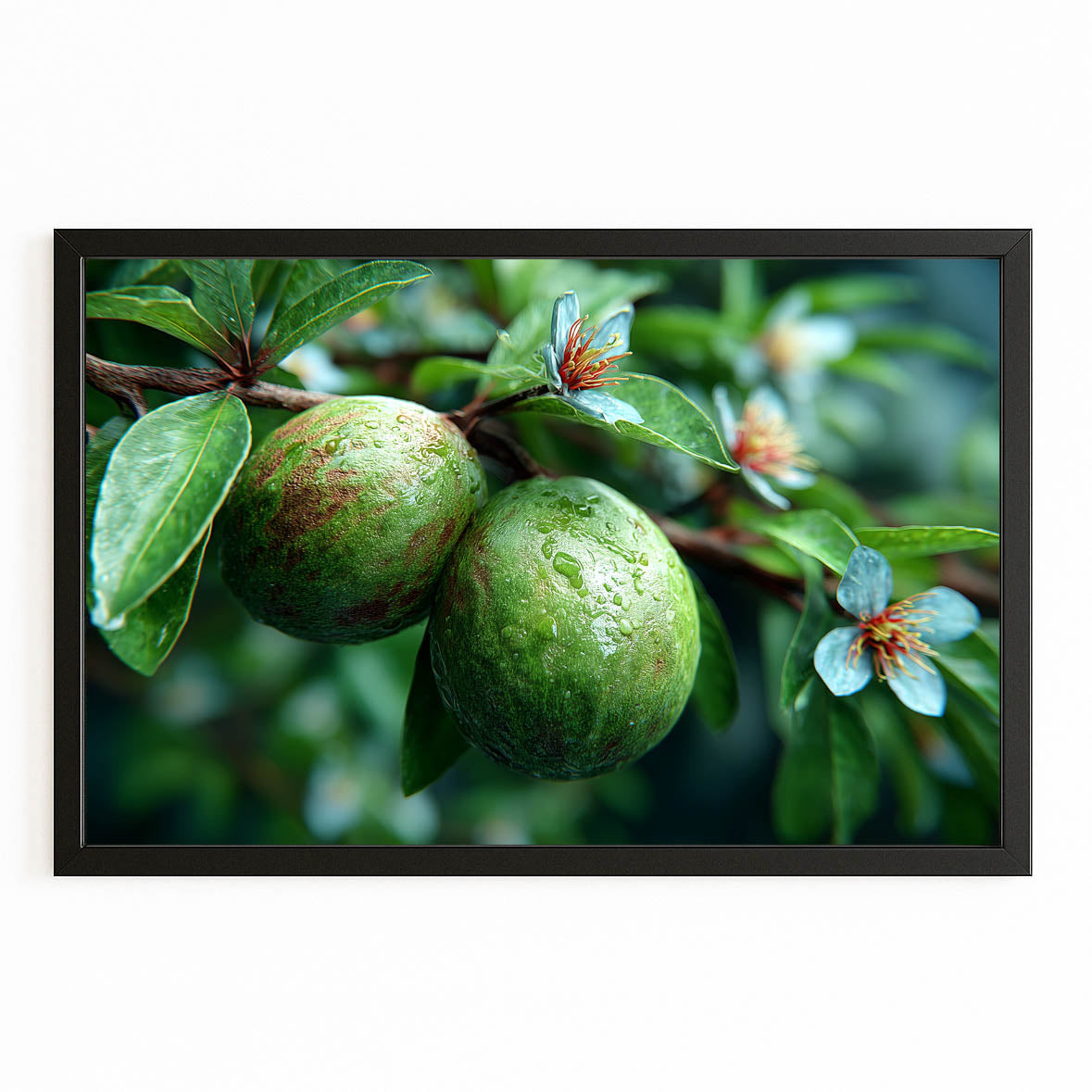 Green Plum Branch Fruit Art – with Premium Black frame on white background