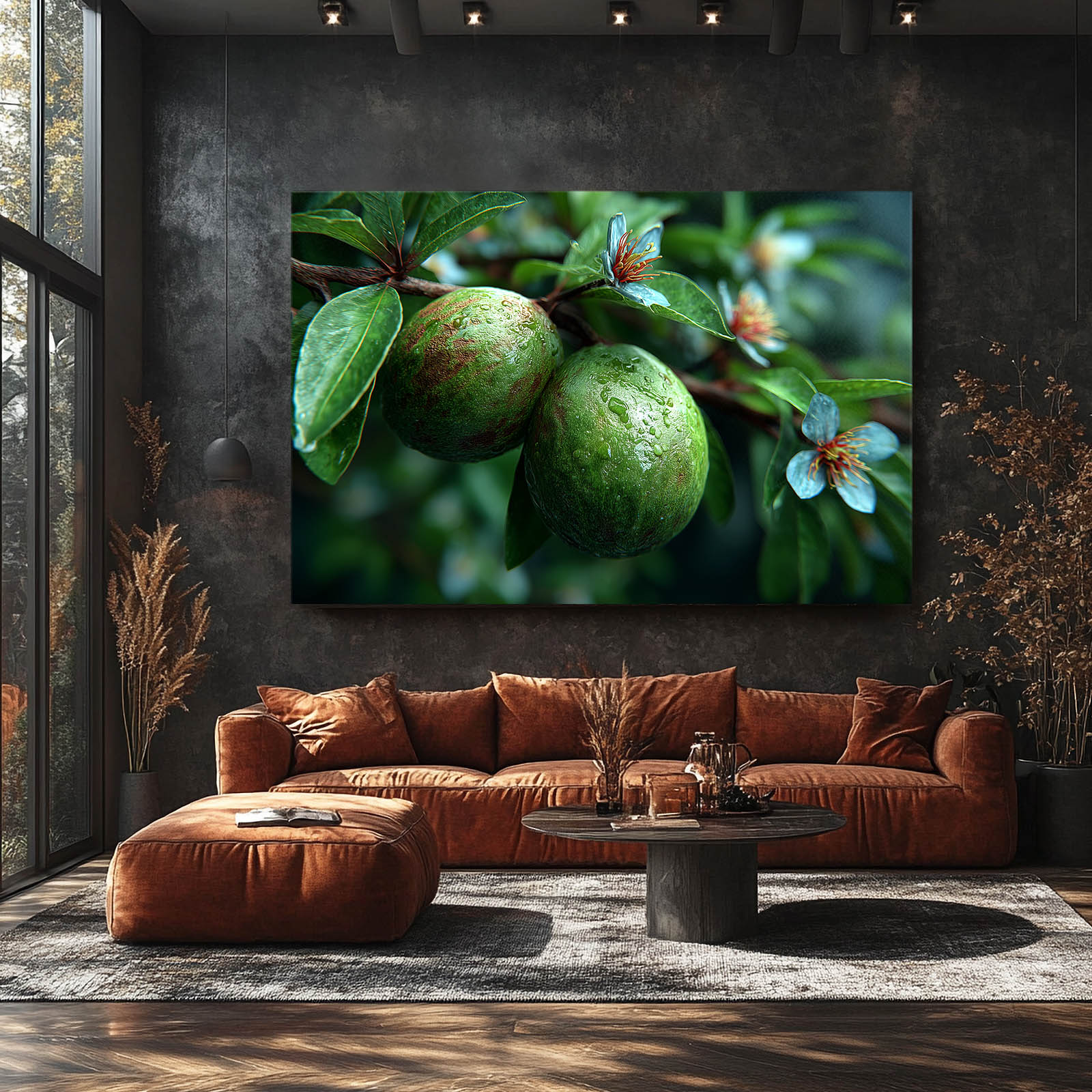 Green Plum Branch Fruit Art – styled in a furnished interior