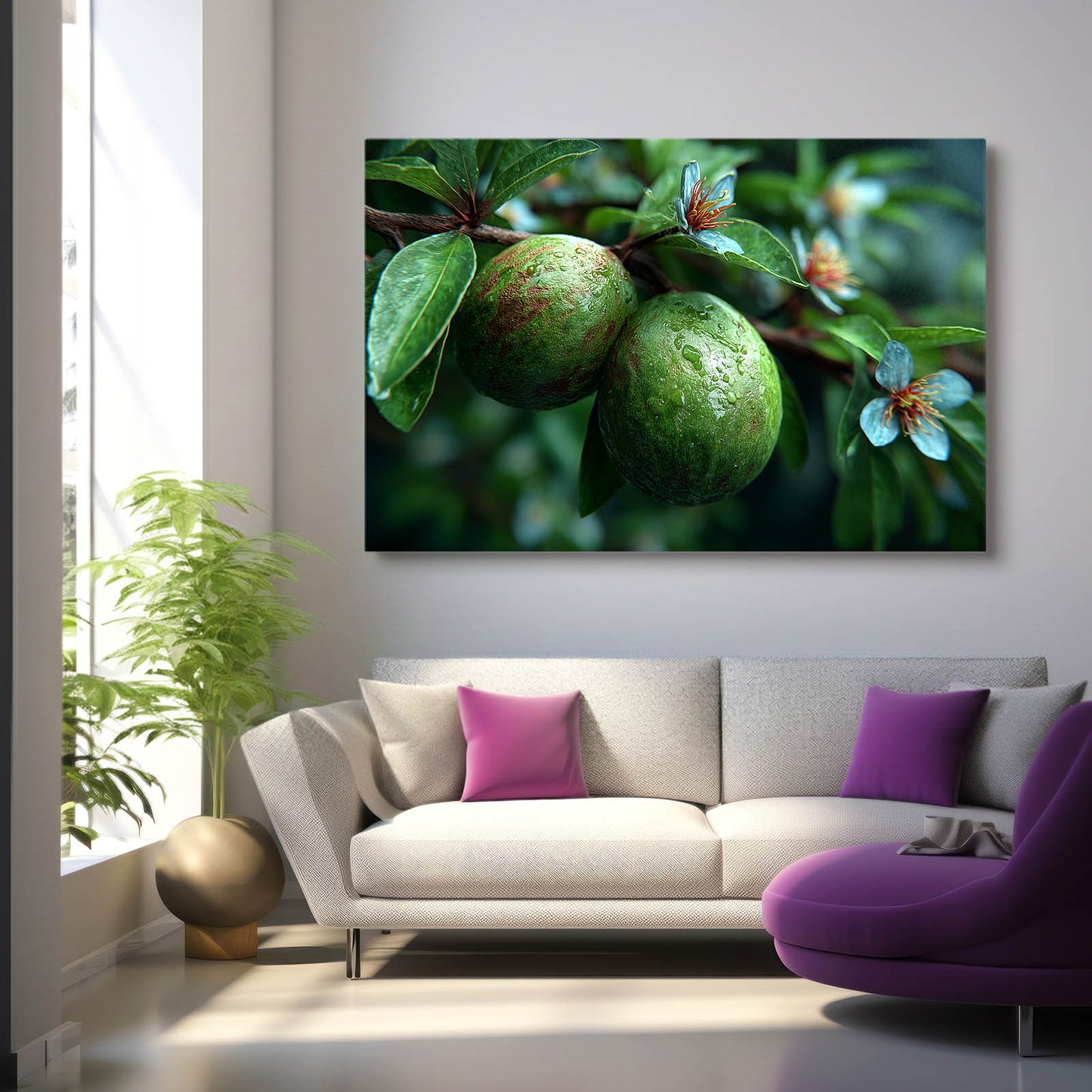 Green Plum Branch Fruit Art – styled in a furnished interior