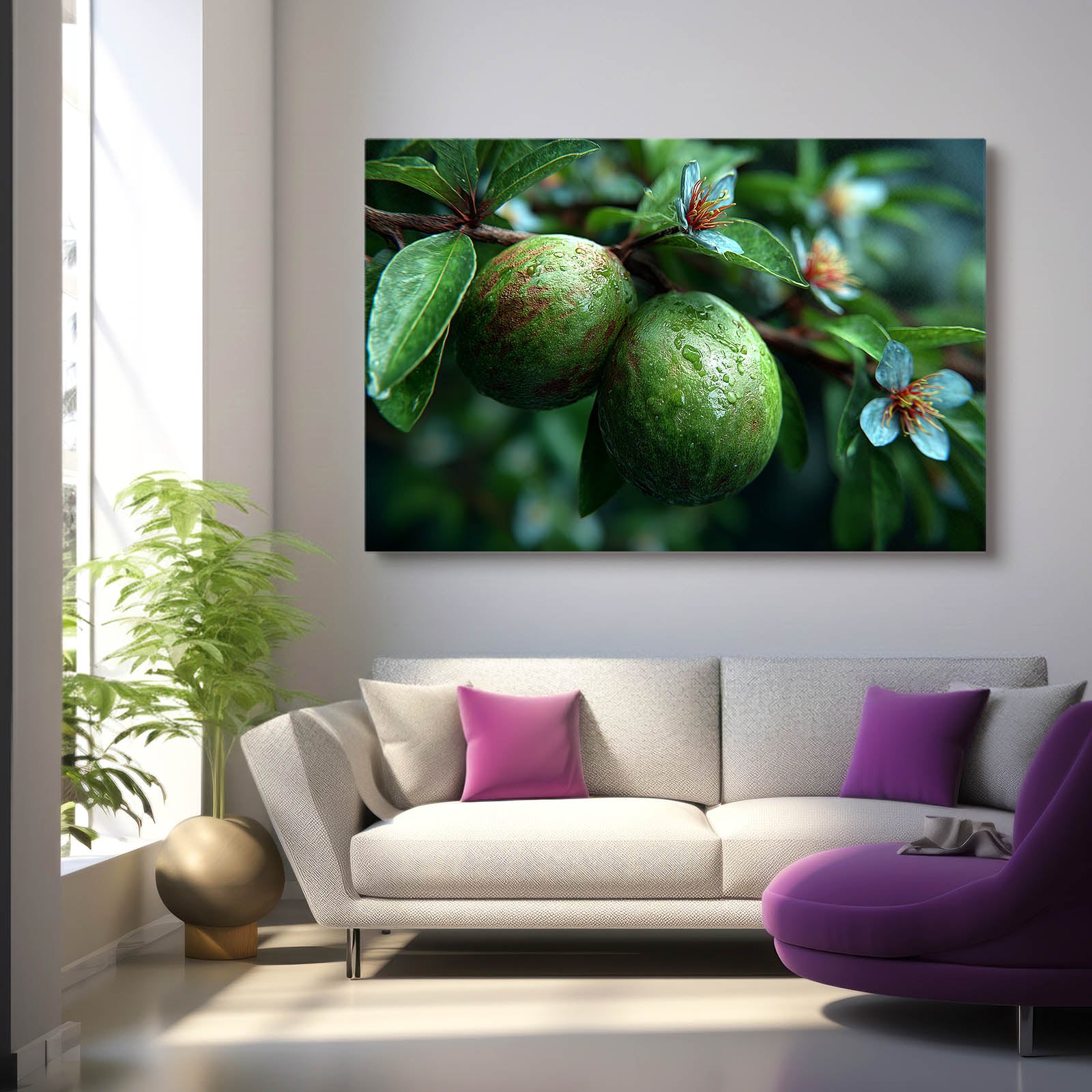 Green Plum Branch Fruit Art – styled in a furnished interior