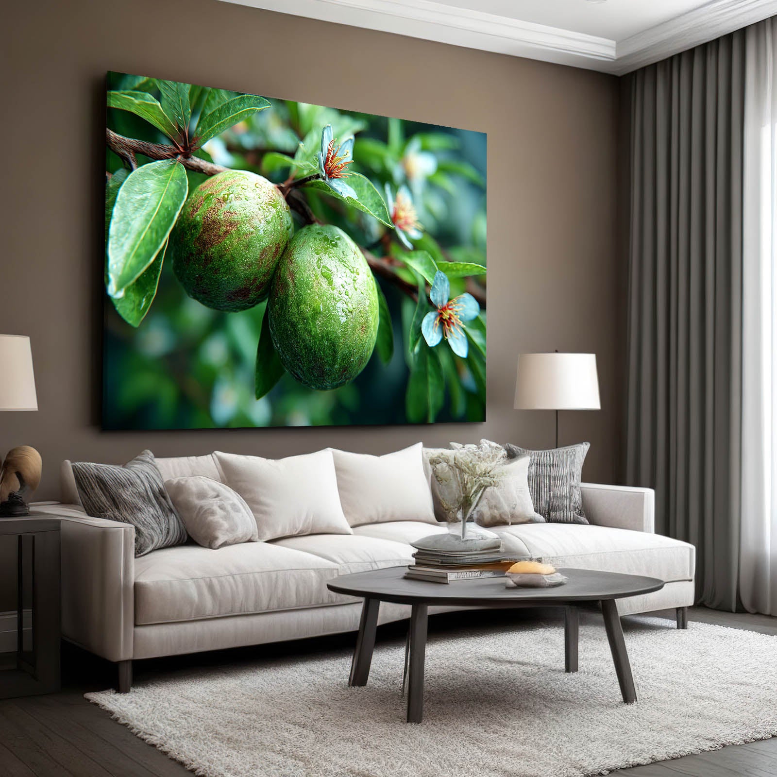 Green Plum Branch Fruit Art – styled in a furnished interior