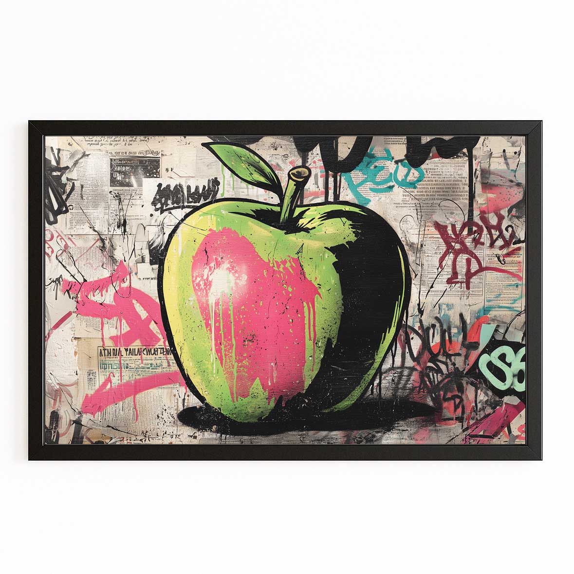 Green Street Art Apple Canvas Art – with Premium Black frame on white background