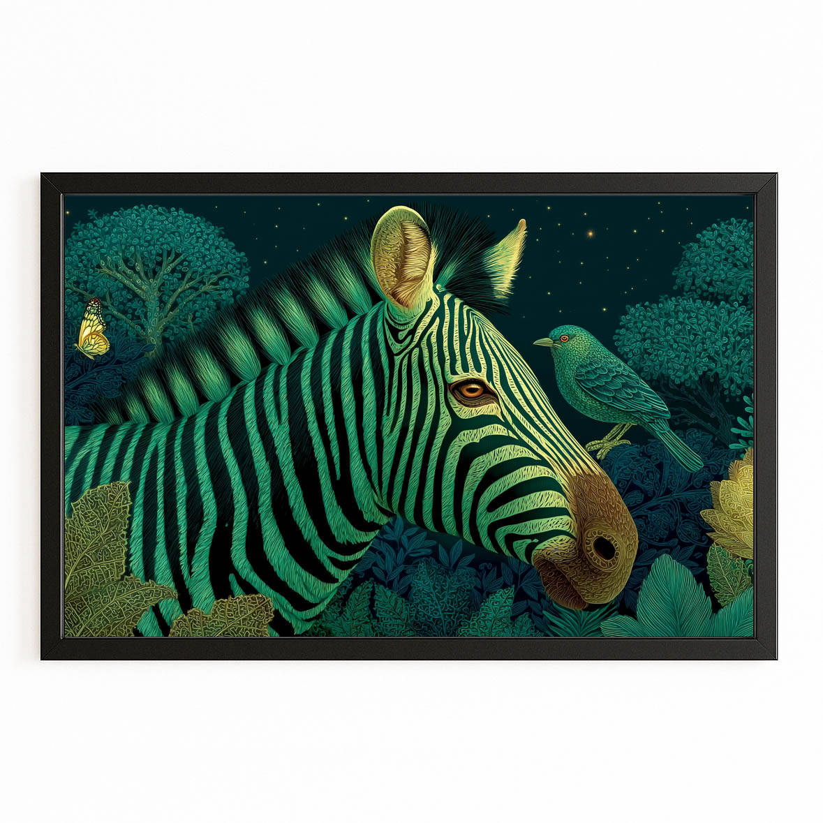 Green Zebra Wall Art – with Premium Black frame on white background