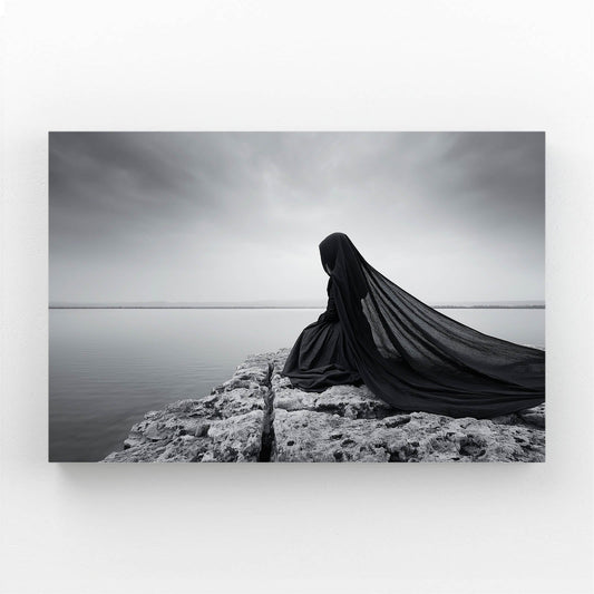 Grey Cloak Wall Art Photography – cloaked figure seated by still grey water