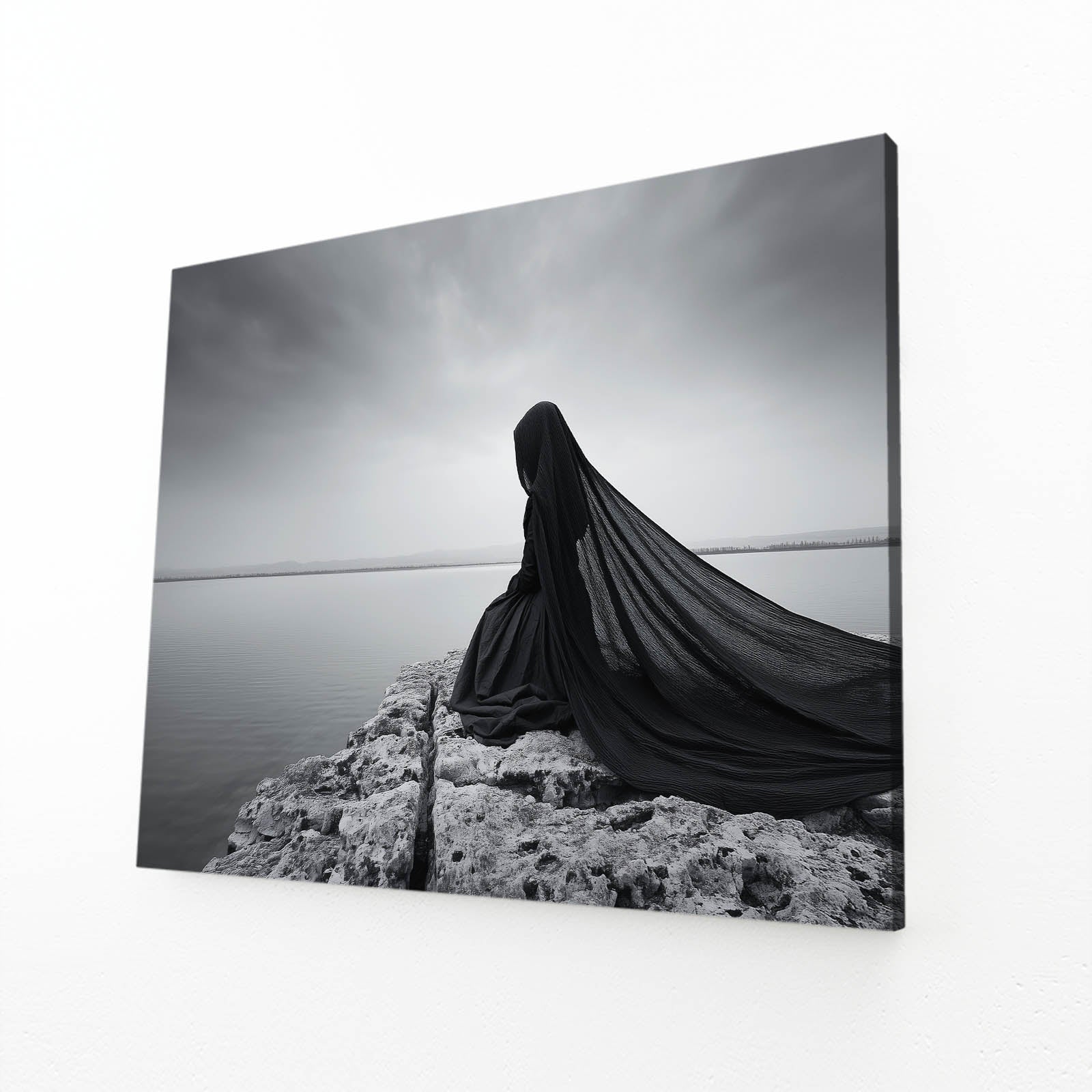 Grey Cloak Wall Art Photography – angled canvas view on white background