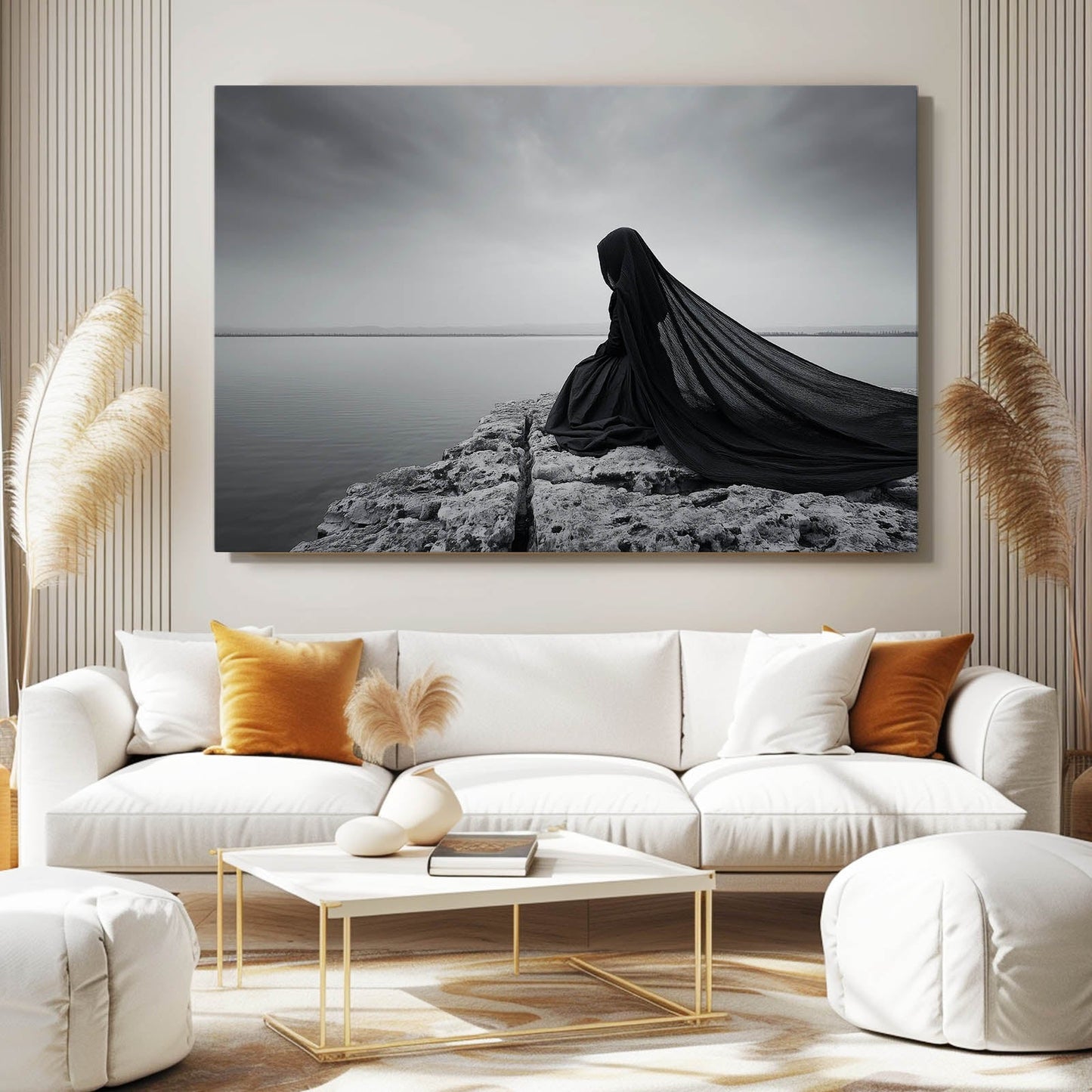 Grey Cloak Wall Art Photography – above a white sofa in a bright living room
