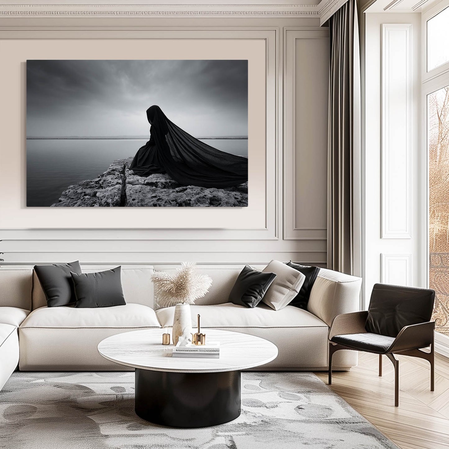 Grey Cloak Wall Art Photography – in a modern living room with a round coffee table