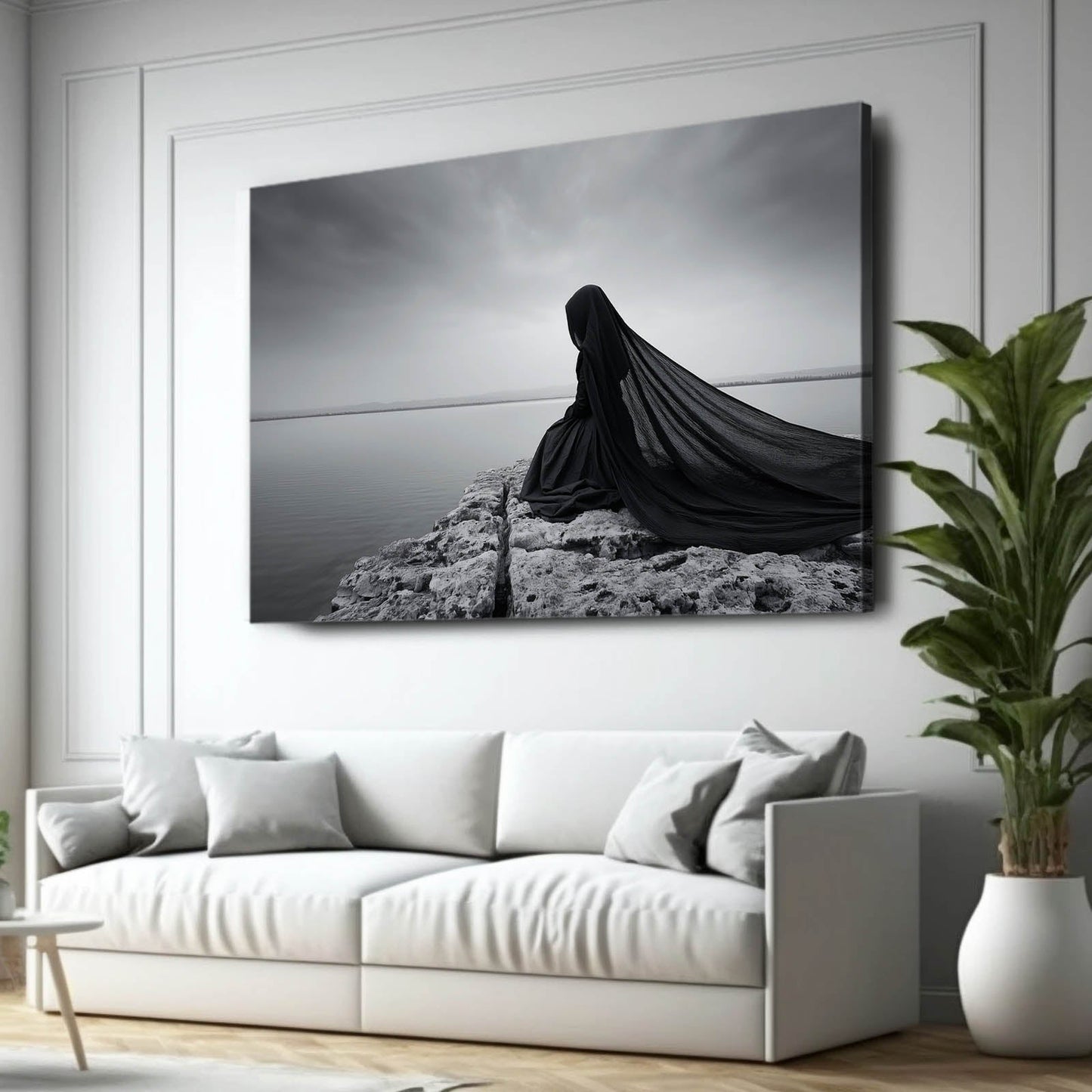 Grey Cloak Wall Art Photography – in a light living room beside a potted plant