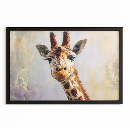 Framed artwork of a giraffe with a neutral background