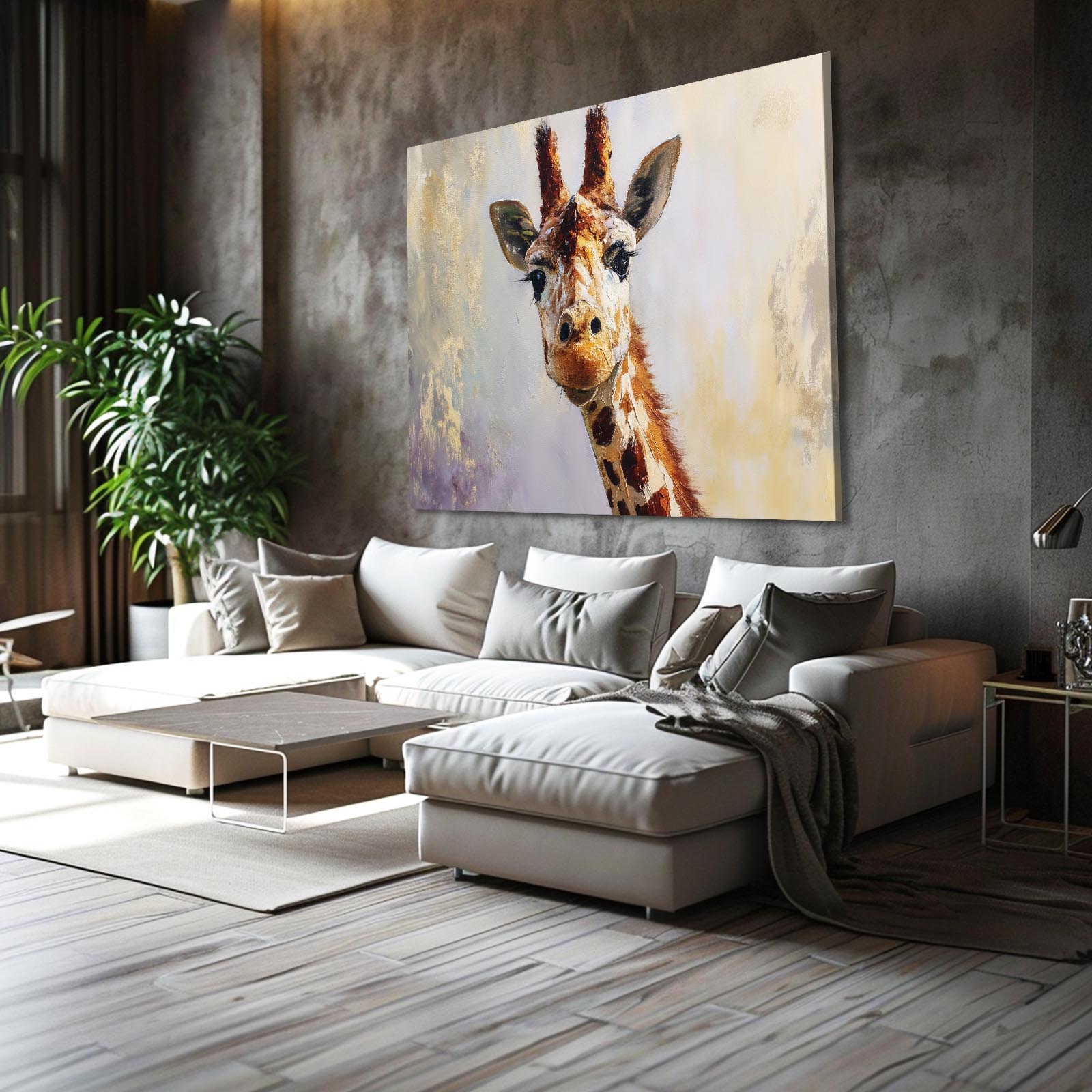 Living room with a giraffe painting on the wall above a sofa.