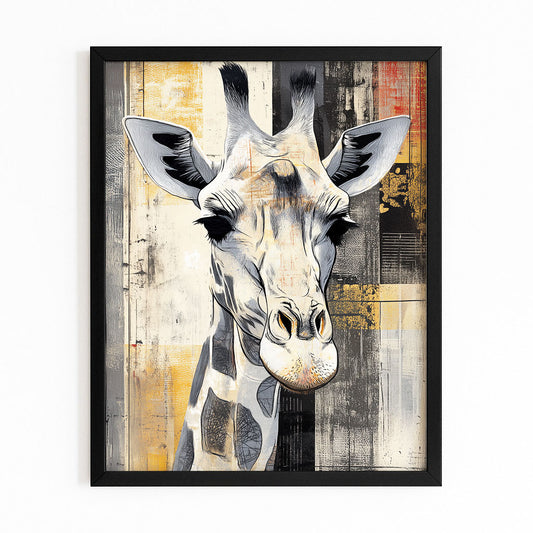 Framed artwork of a giraffe with a abstract background