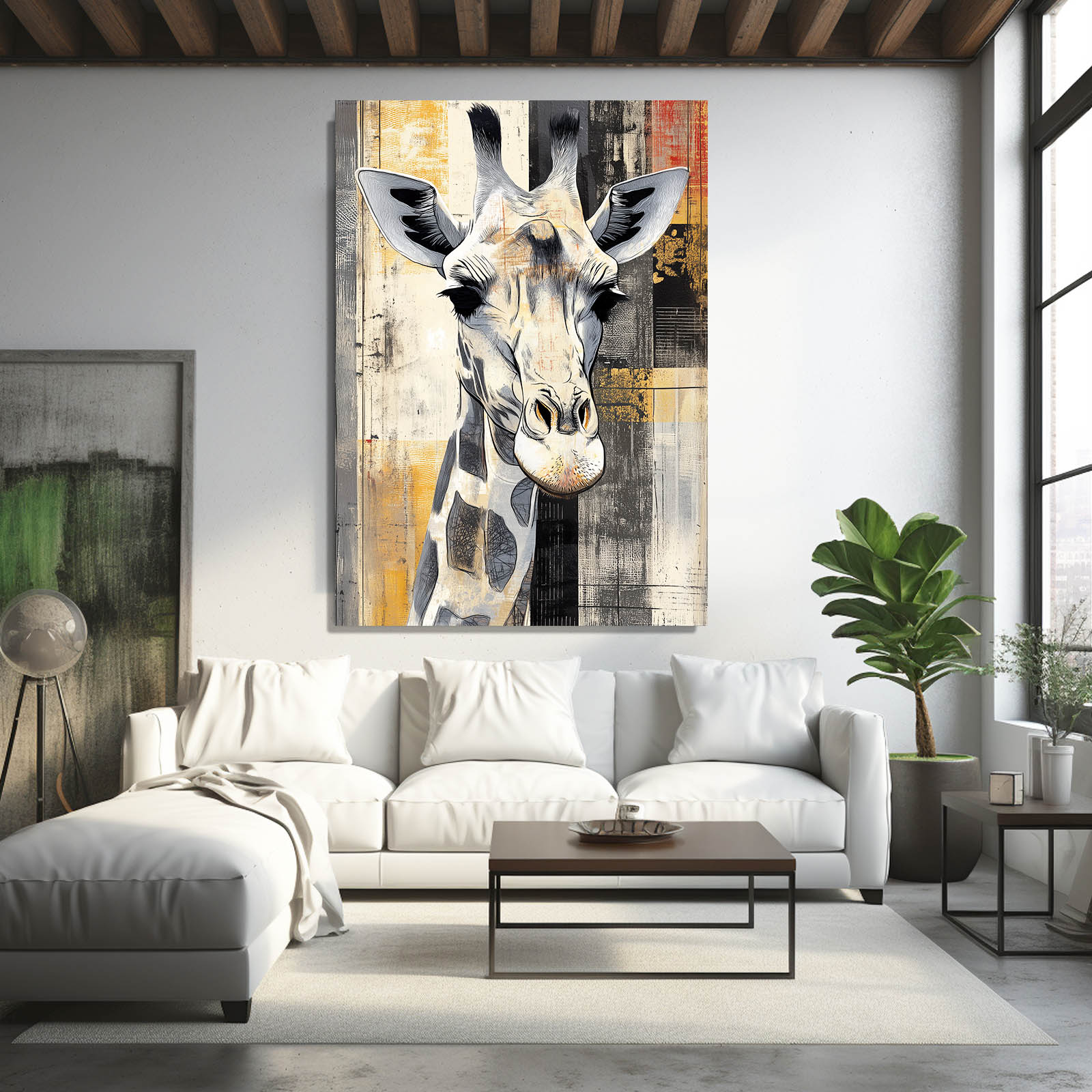 Living room with a large giraffe painting on the wall above a white sofa.