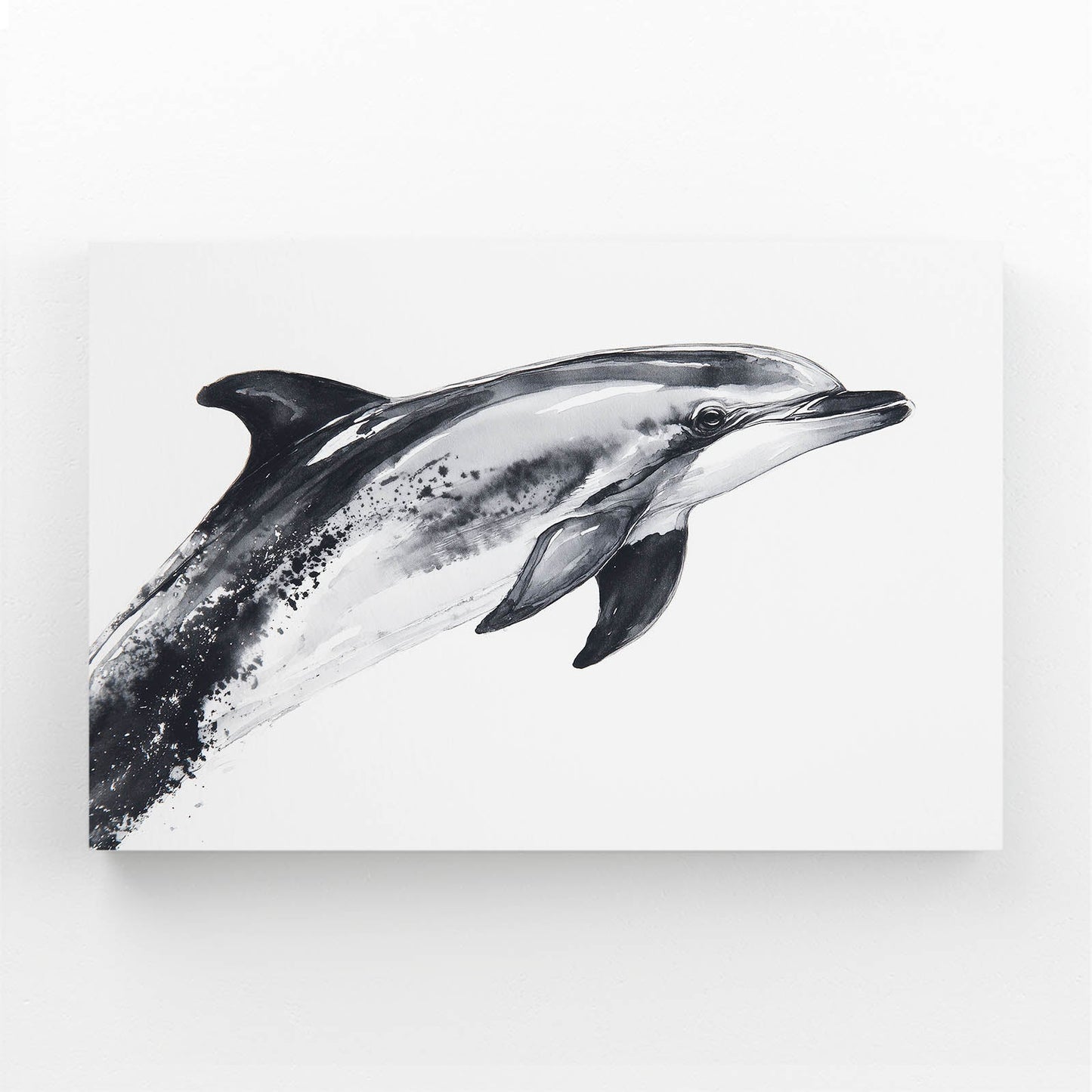 Grey Ink Wash Dolphin Art – dolphin drawn in loose grey ink washes on a white background
