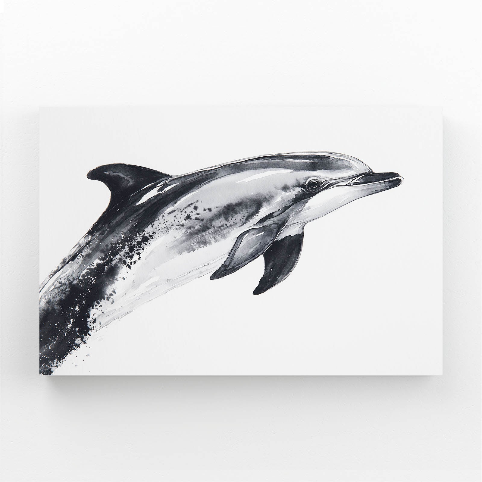 Grey Ink Wash Dolphin Art – dolphin drawn in loose grey ink washes on a white background