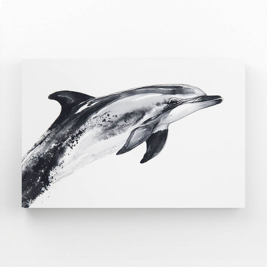 Grey Ink Wash Dolphin Art – dolphin drawn in loose grey ink washes on a white background