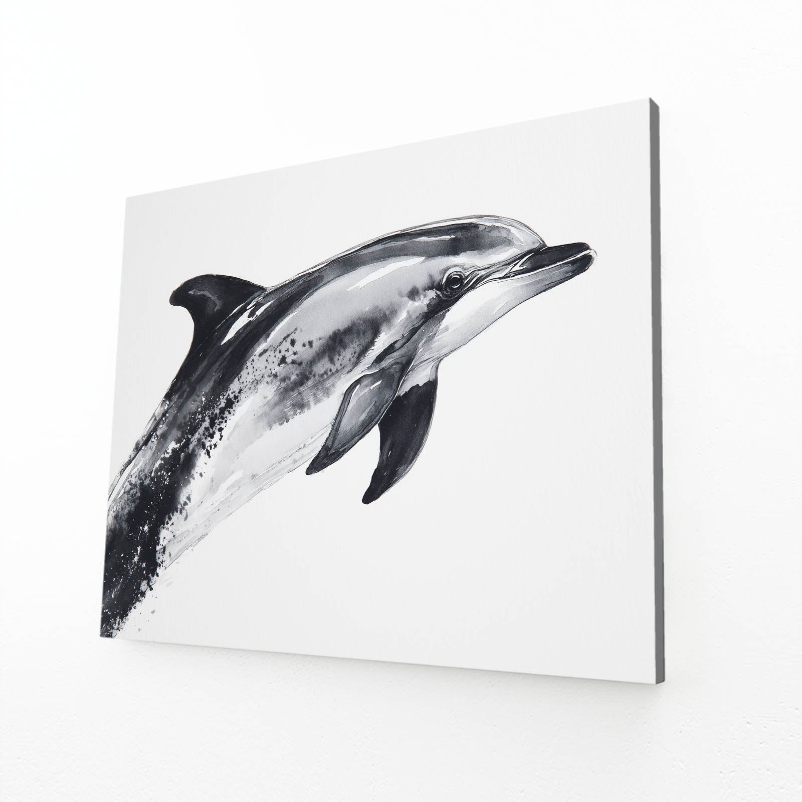 Grey Ink Wash Dolphin Art – angled canvas view on white background