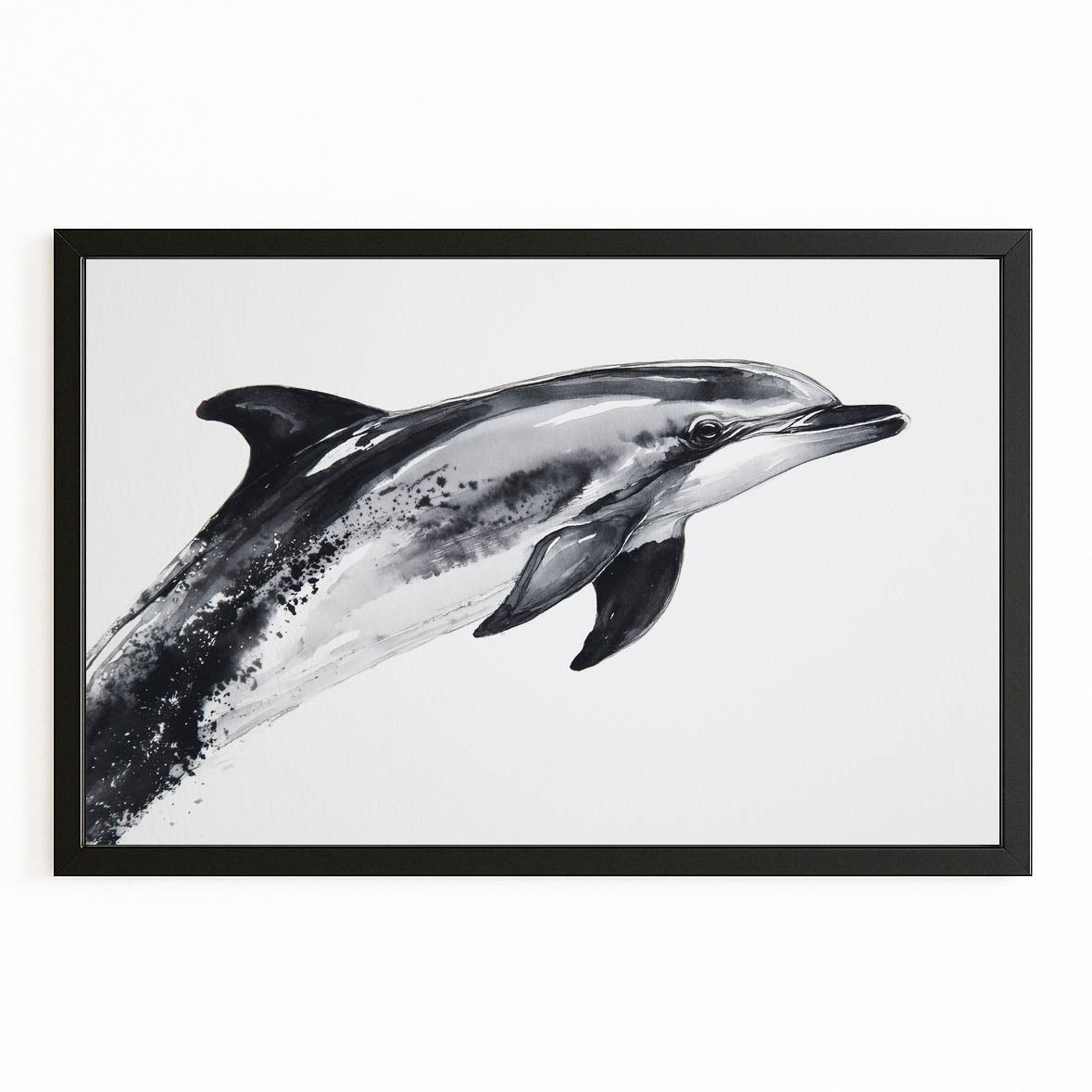 Grey Ink Wash Dolphin Art – with Premium Black wood frame on white background