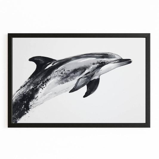 Grey Ink Wash Dolphin Art – with Premium Black wood frame on white background